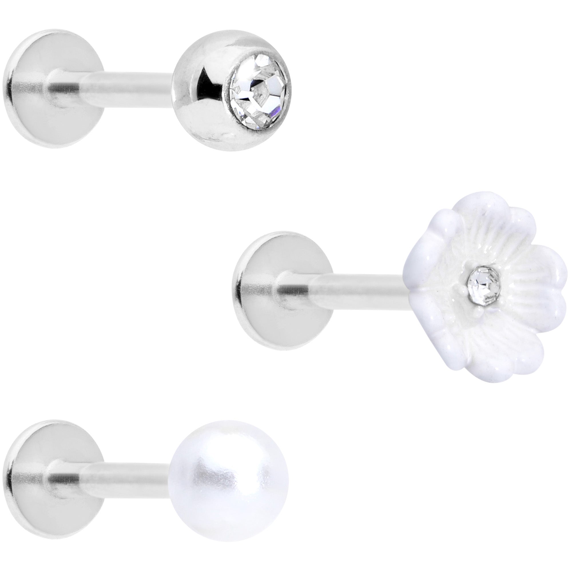 16 Gauge 5/16 Clear Gem Flower Labret Tragus Set of 3