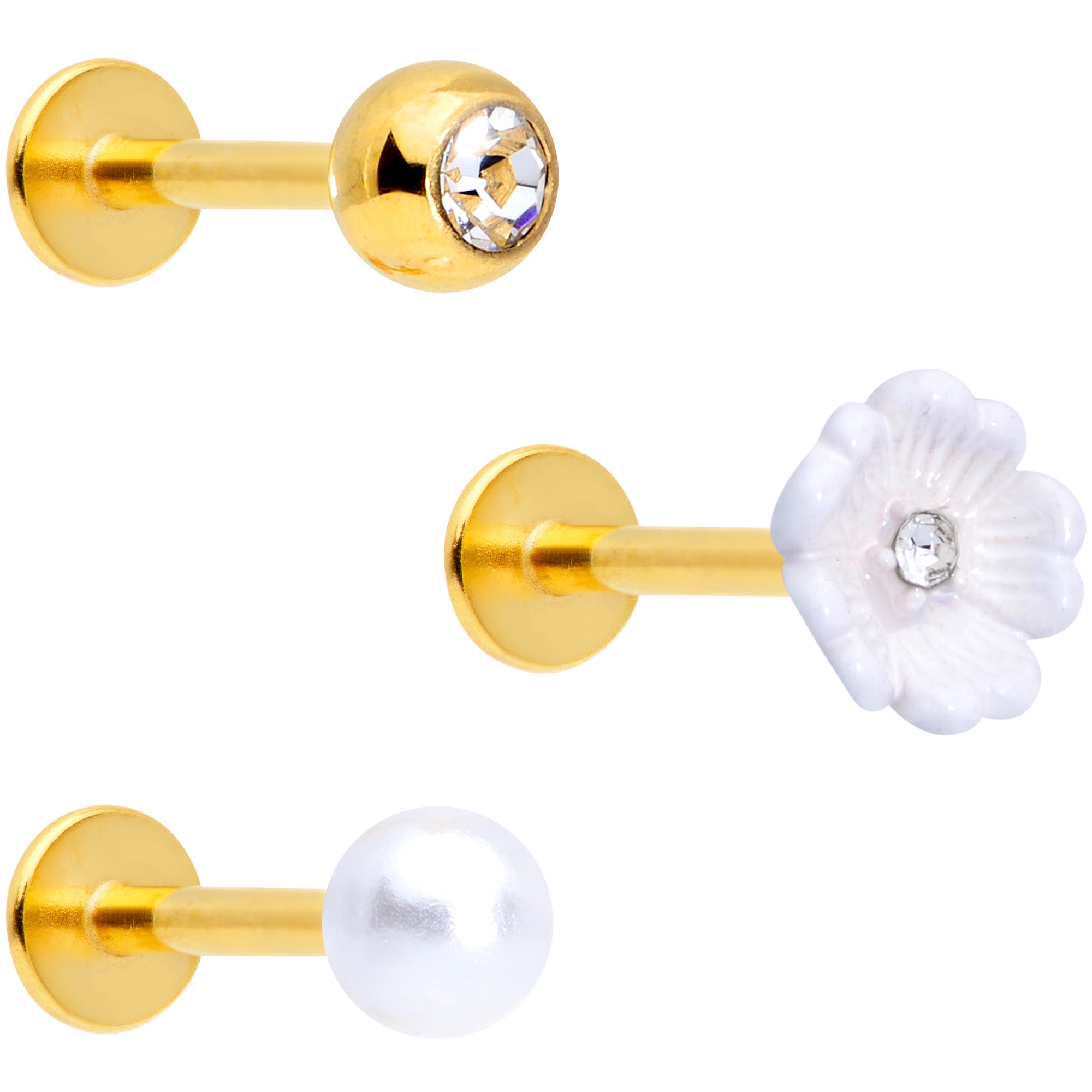 16 Gauge 5/16 Clear Gem Gold Tone Flower Labret Tragus Set of 3