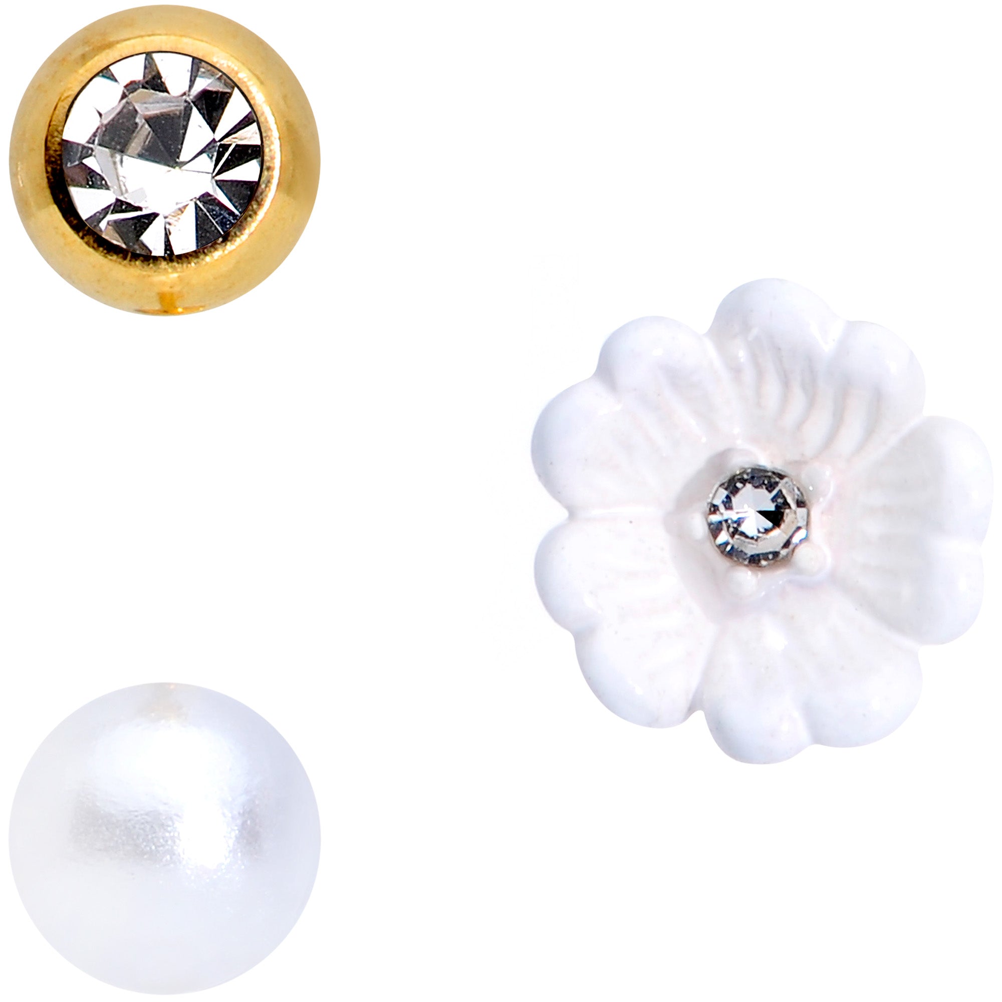 16 Gauge 5/16 Clear Gem Gold Tone Flower Labret Tragus Set of 3