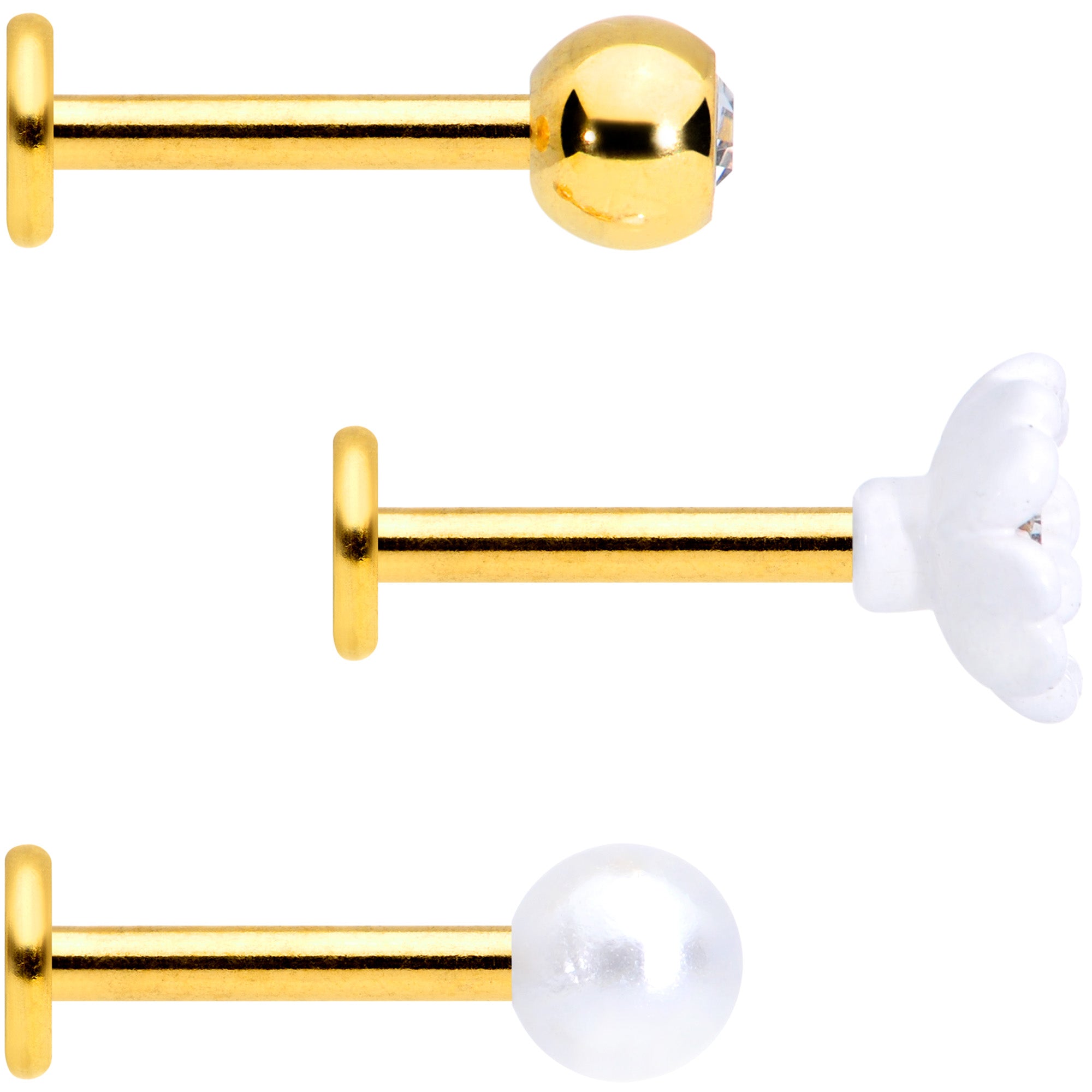 16 Gauge 5/16 Clear Gem Gold Tone Flower Labret Tragus Set of 3