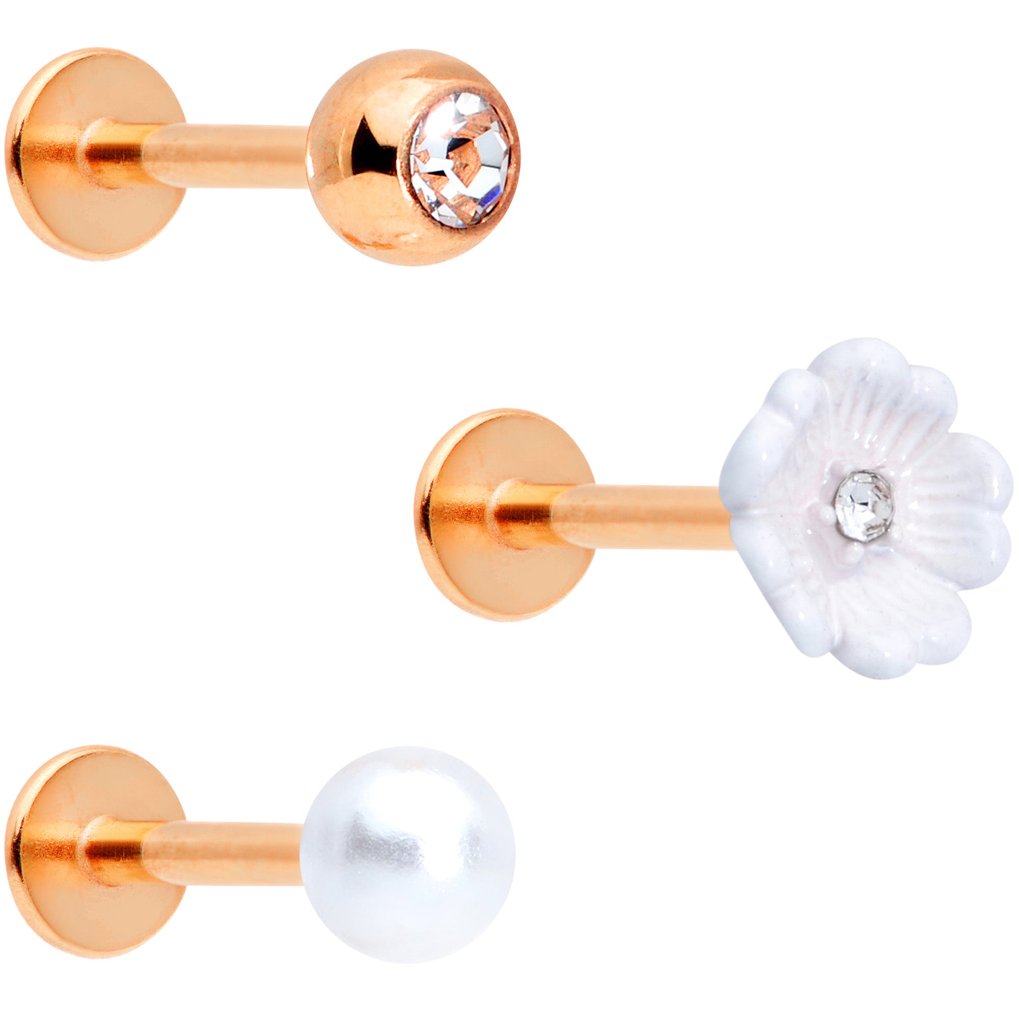 16 Gauge 5/16 Clear Gem Rose Gold Tone Flower Labret Tragus Set of 3