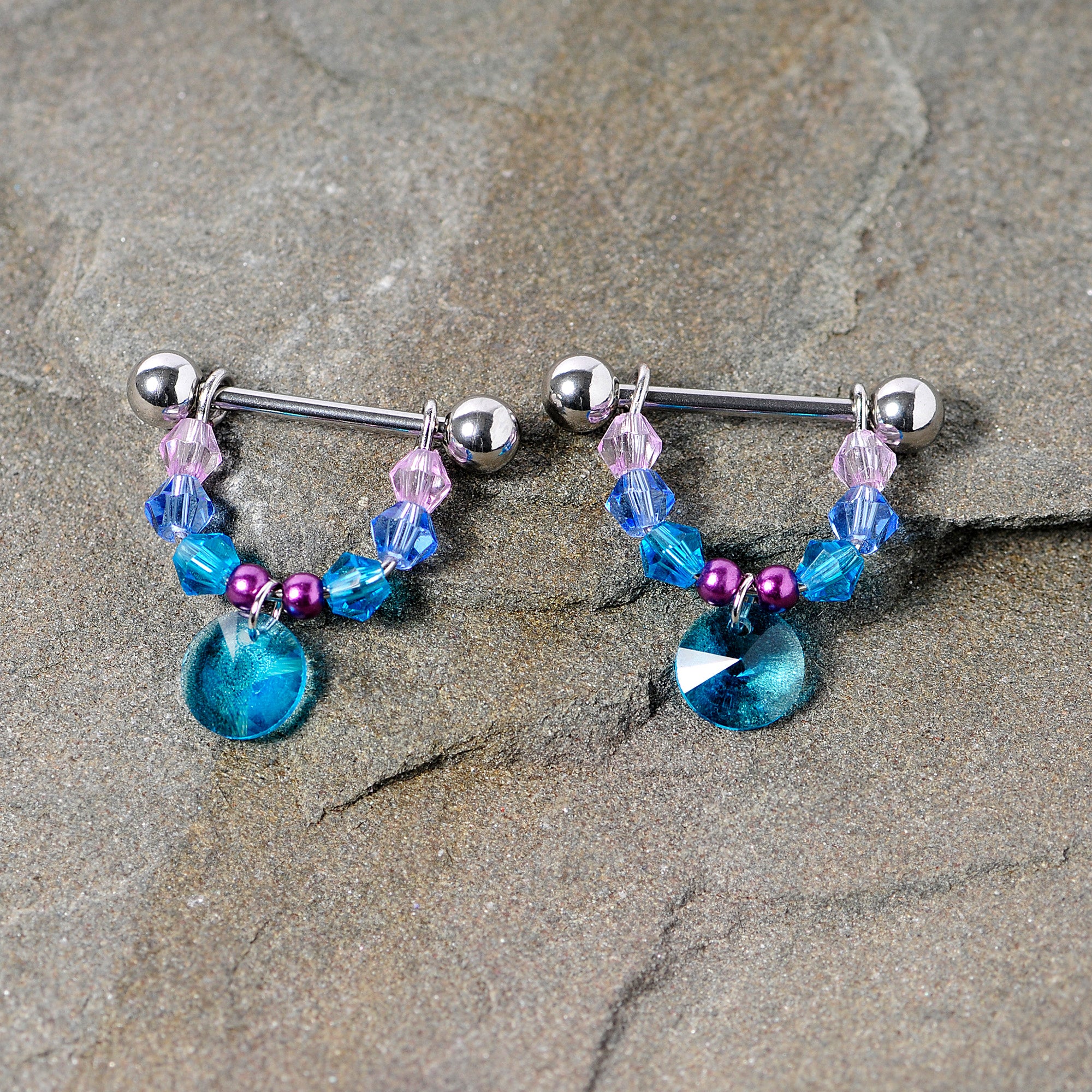 14 Gauge 5/8 Pink Aqua Gem Disc Dangle Barbell Nipple Ring Set