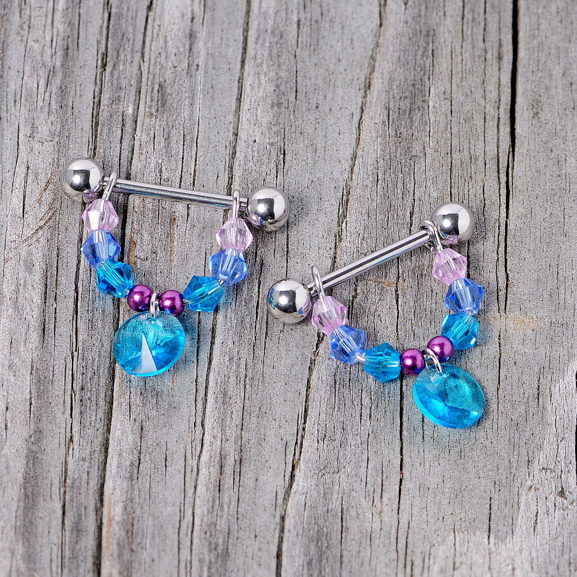 14 Gauge 5/8 Pink Aqua Gem Disc Dangle Barbell Nipple Ring Set