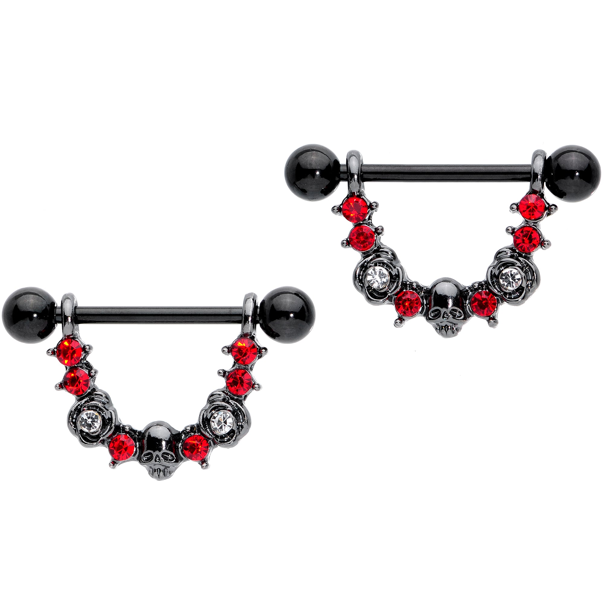 14 Gauge 5/8 Red Clear Gem Black Skull Rose Dangle Nipple Ring Set