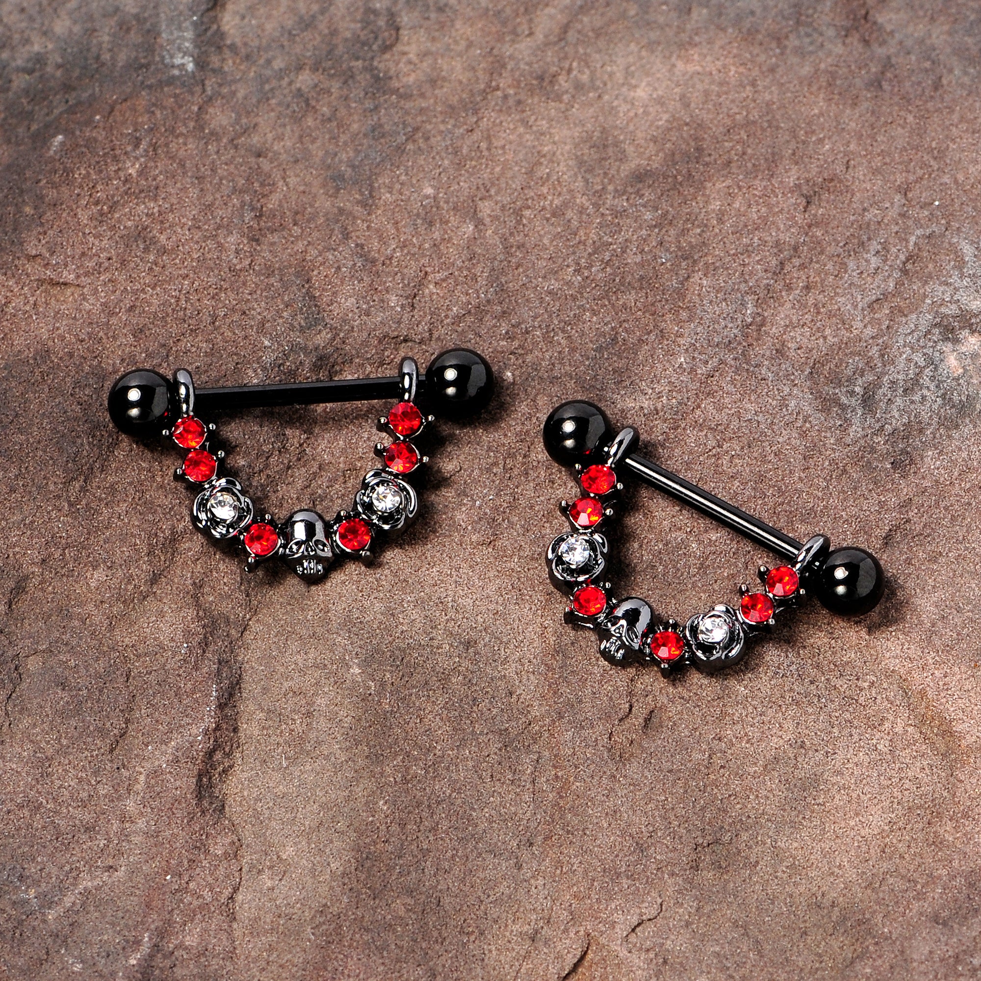 14 Gauge 5/8 Red Clear Gem Black Skull Rose Dangle Nipple Ring Set