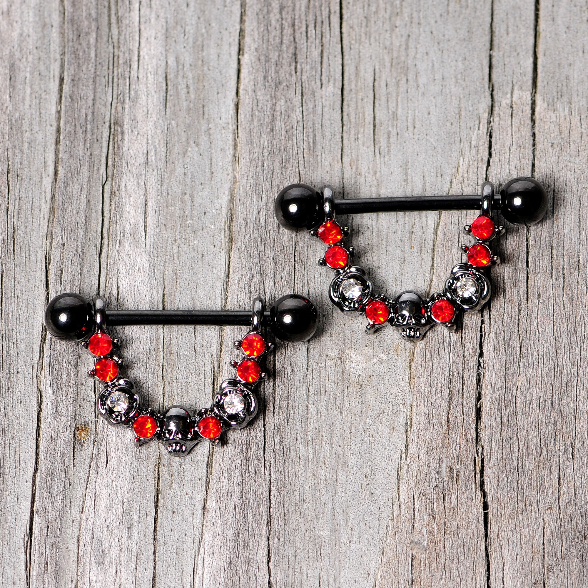 14 Gauge 5/8 Red Clear Gem Black Skull Rose Dangle Nipple Ring Set