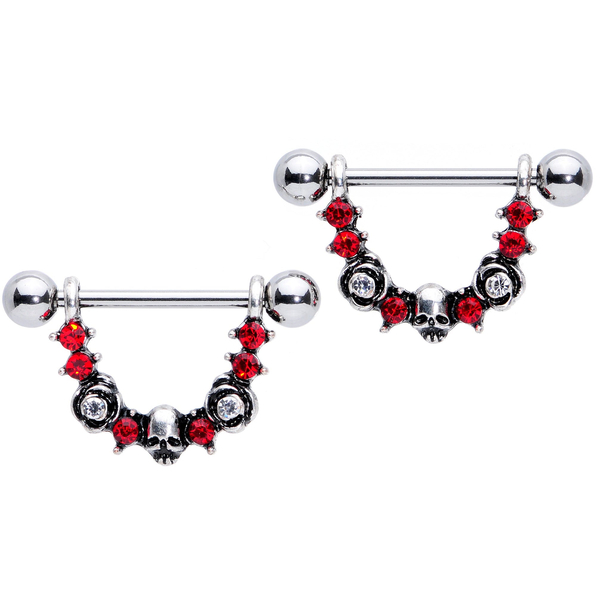 14 Gauge 5/8 Red Clear Gem Halloween Skull Rose Dangle Nipple Ring Set