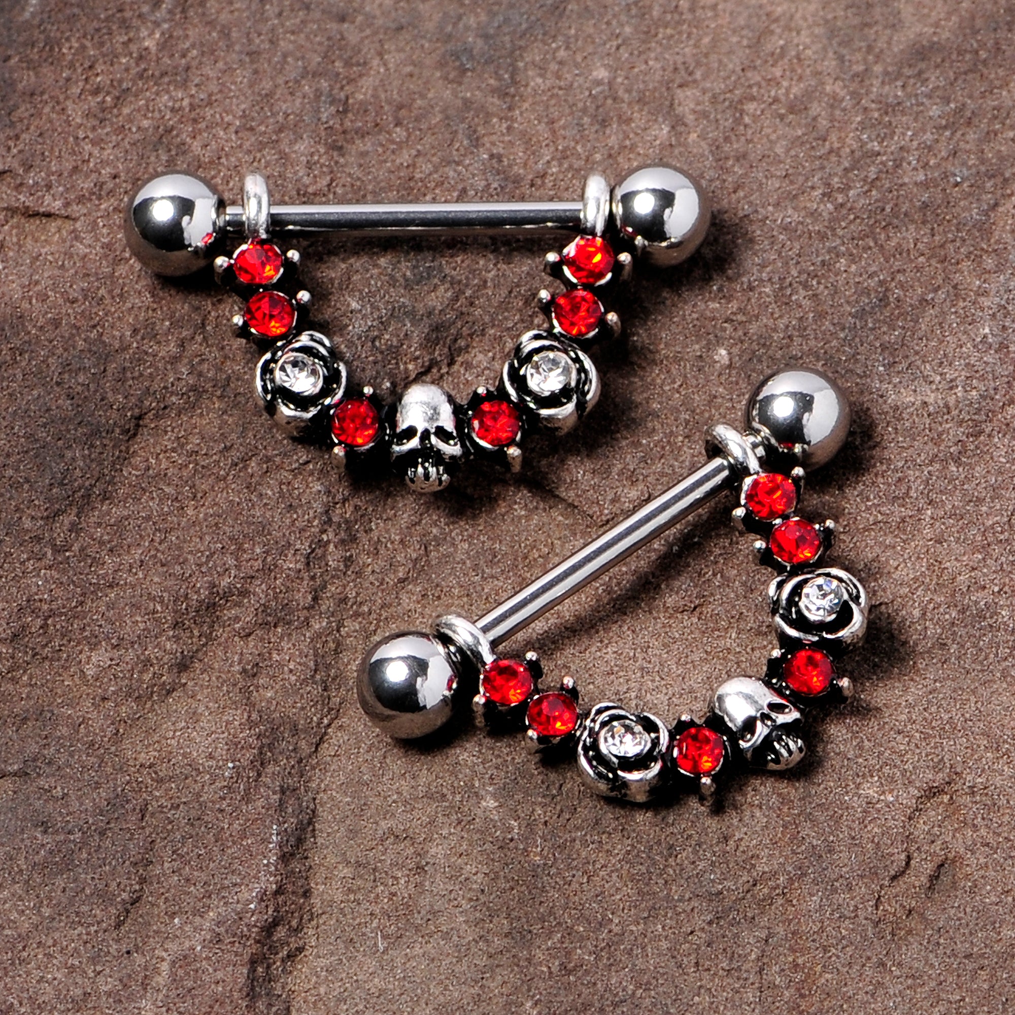 14 Gauge 5/8 Red Clear Gem Halloween Skull Rose Dangle Nipple Ring Set