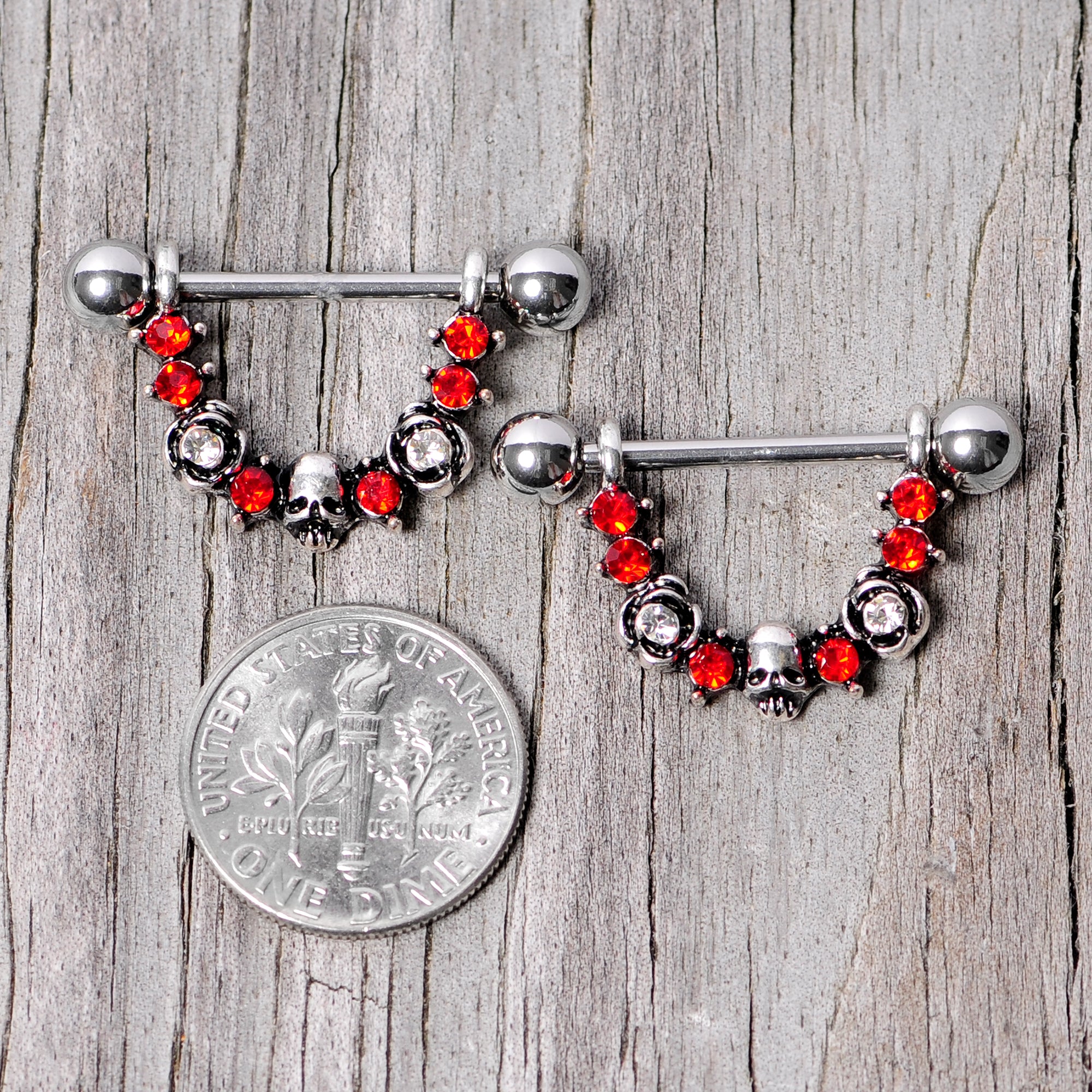 14 Gauge 5/8 Red Clear Gem Halloween Skull Rose Dangle Nipple Ring Set