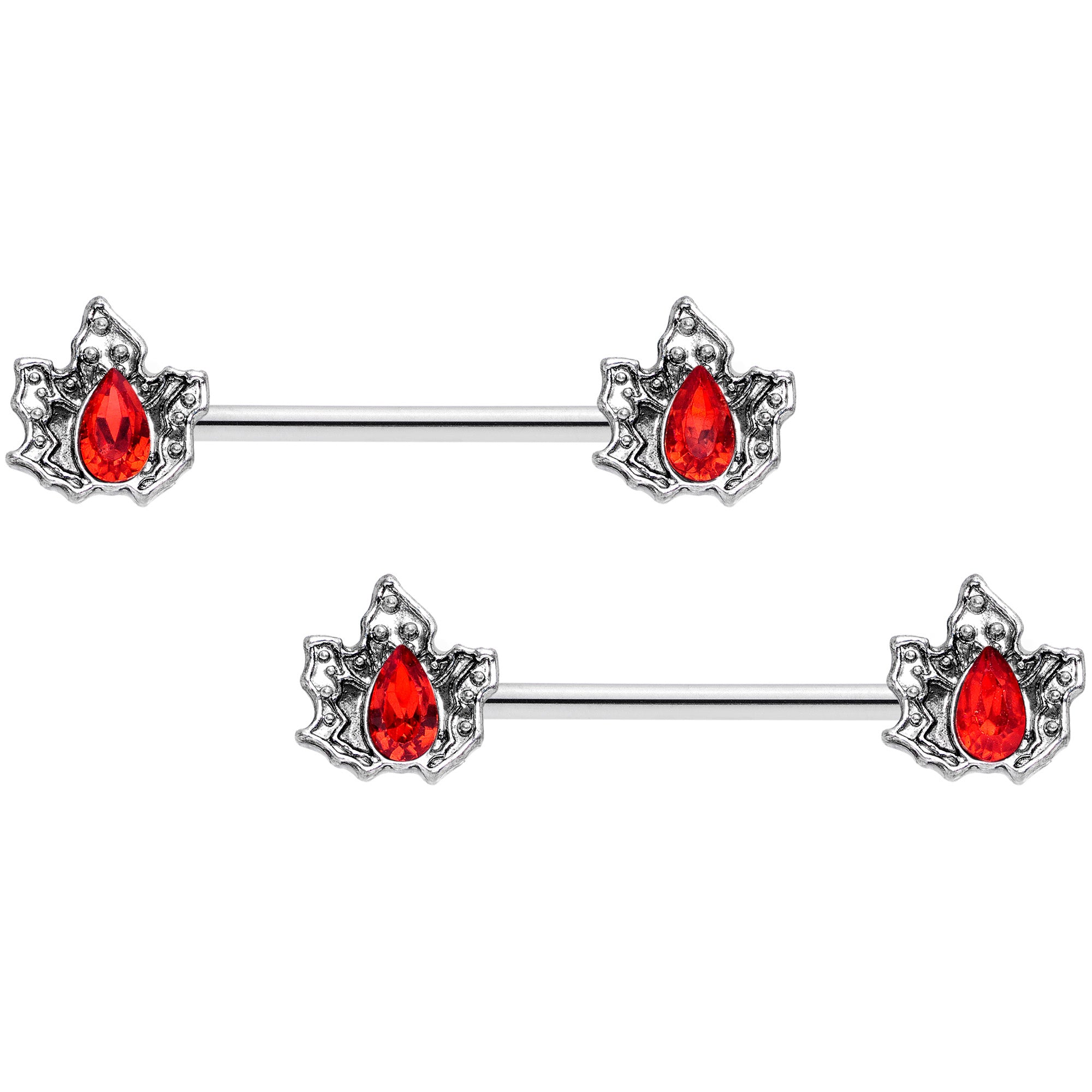 14 Gauge 5/8 Red Gem Holly Leaf Holiday Barbell Nipple Ring Set