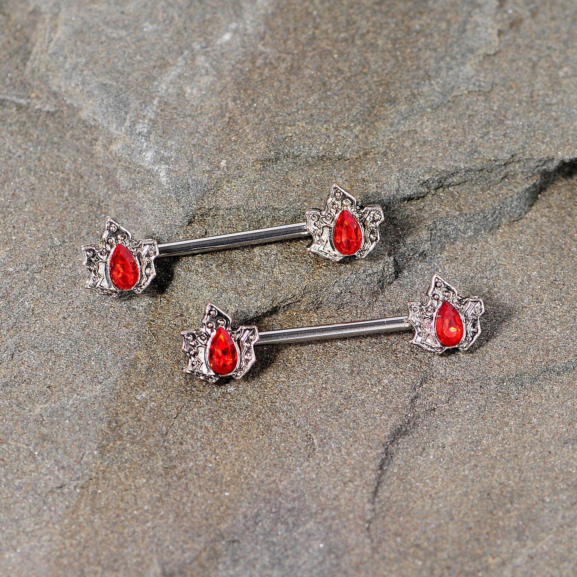 14 Gauge 5/8 Red Gem Holly Leaf Holiday Barbell Nipple Ring Set