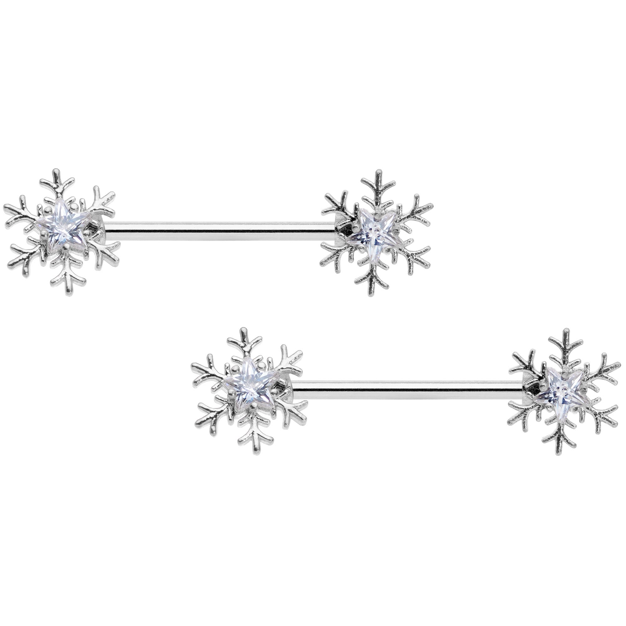 14 Gauge 5/8 Clear Gem Snowflake Barbell Nipple Ring Set