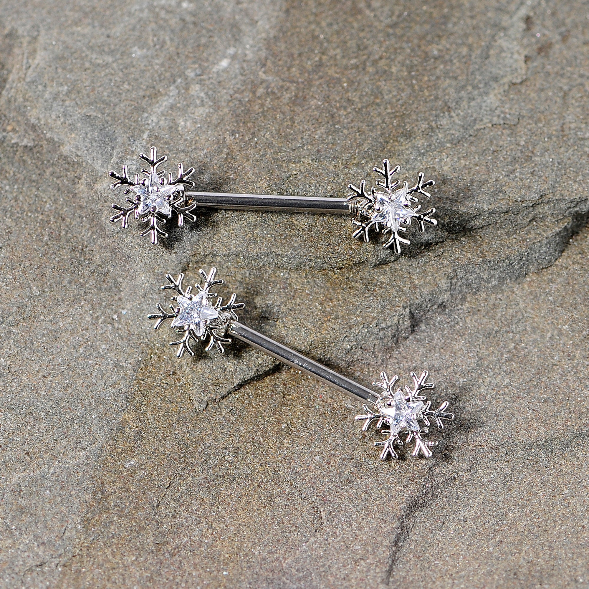 14 Gauge 5/8 Clear Gem Snowflake Barbell Nipple Ring Set