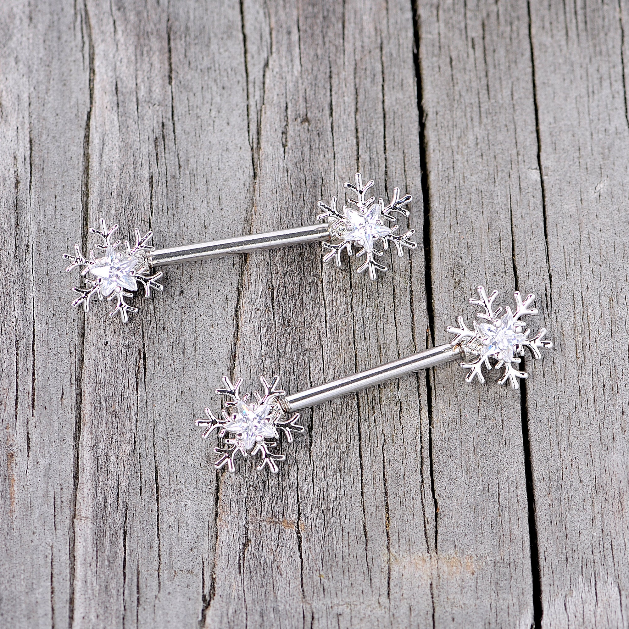 14 Gauge 5/8 Clear Gem Snowflake Barbell Nipple Ring Set