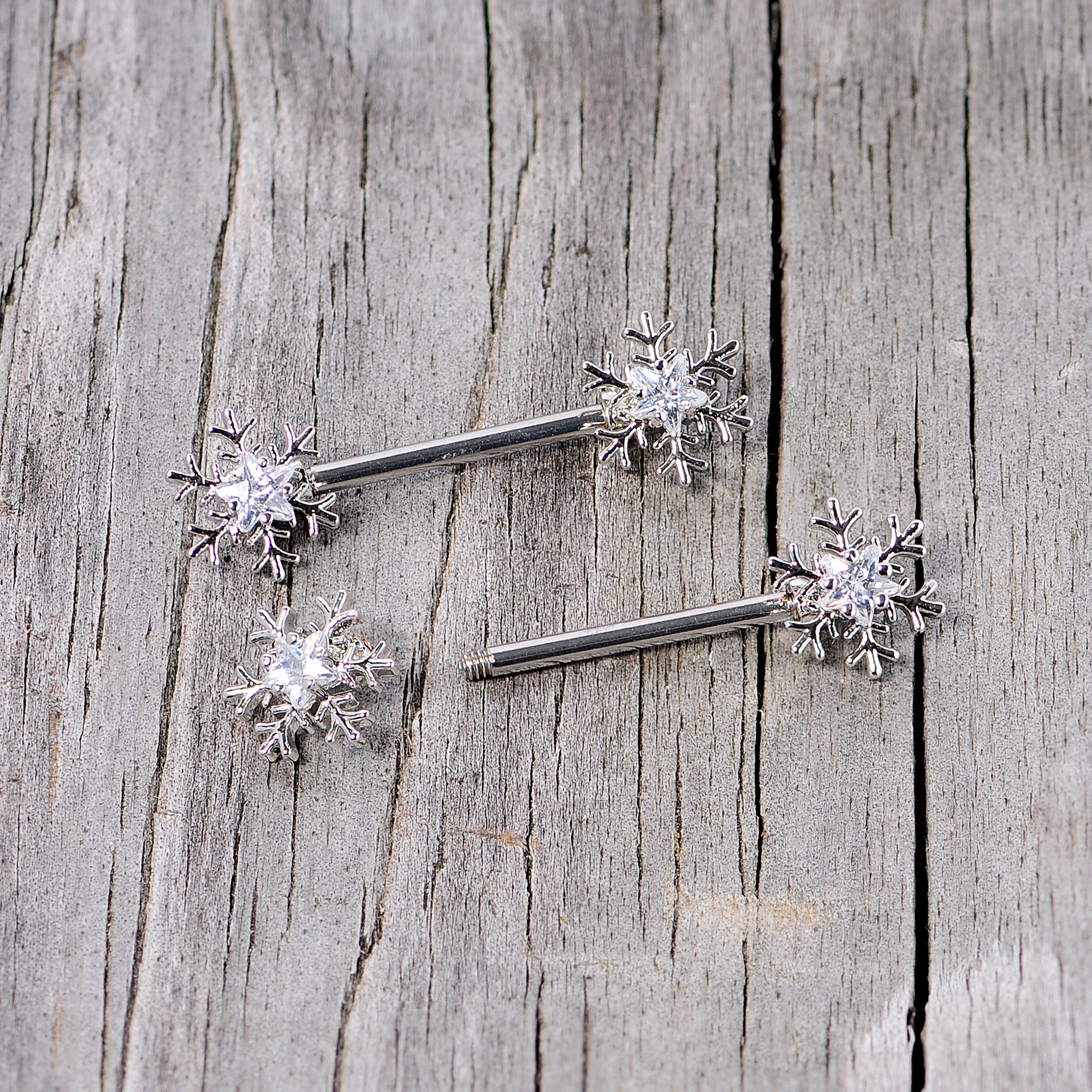 14 Gauge 5/8 Clear Gem Snowflake Barbell Nipple Ring Set