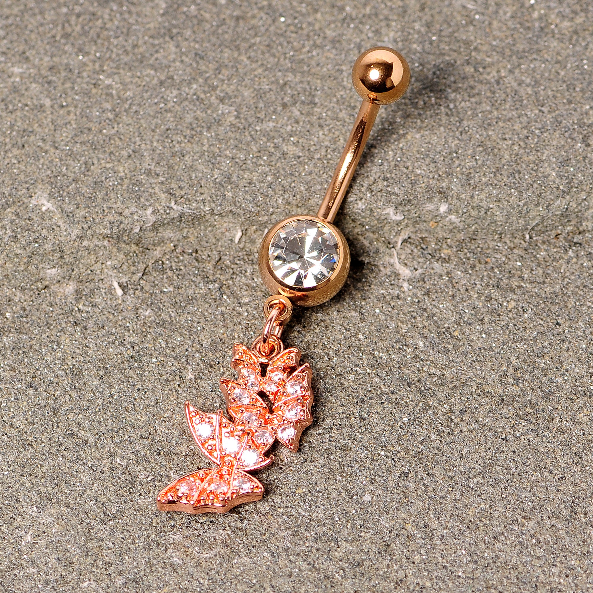 Clear CZ Gem Rose Gold Tone Trio Butterfly Dangle Belly Ring