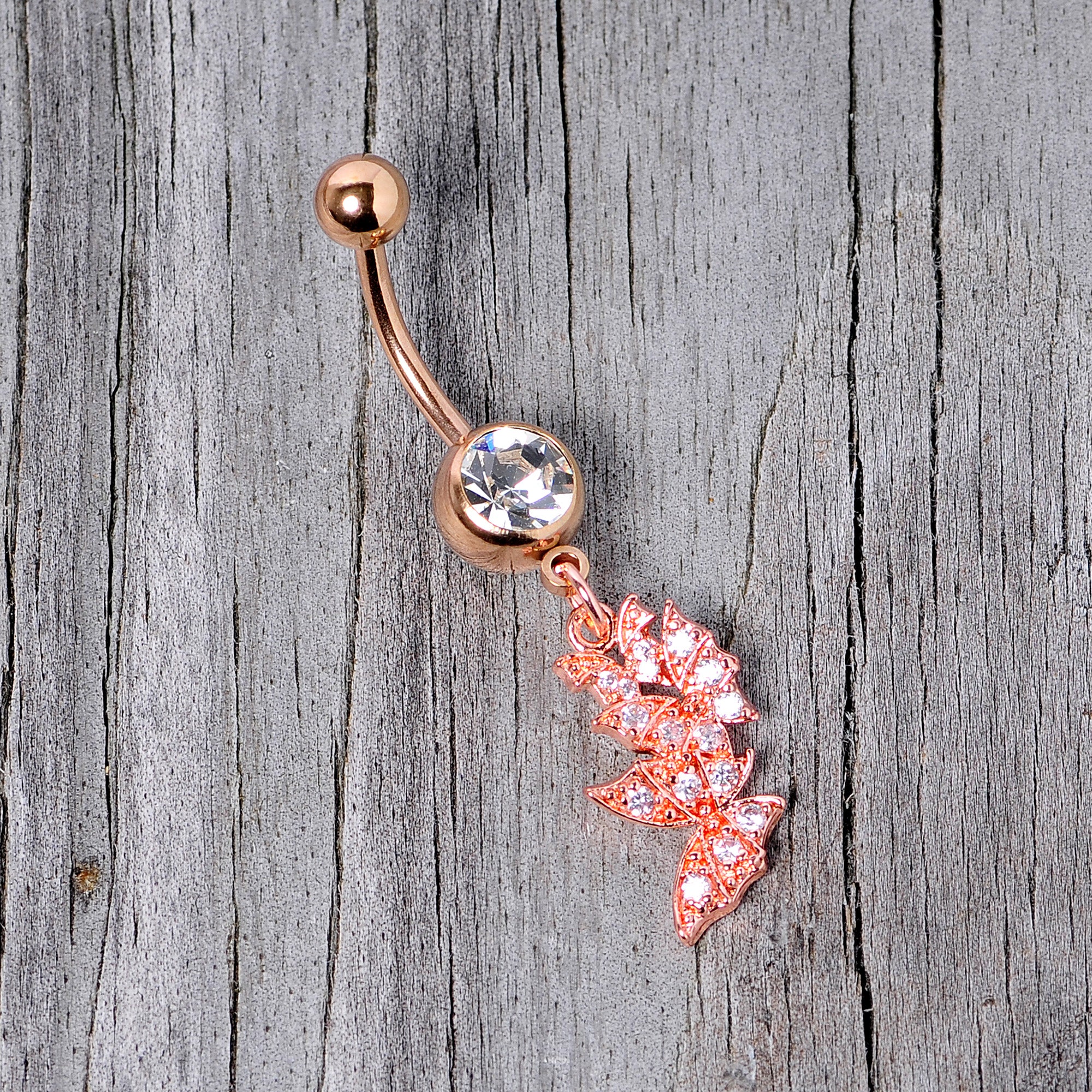 Clear CZ Gem Rose Gold Tone Trio Butterfly Dangle Belly Ring