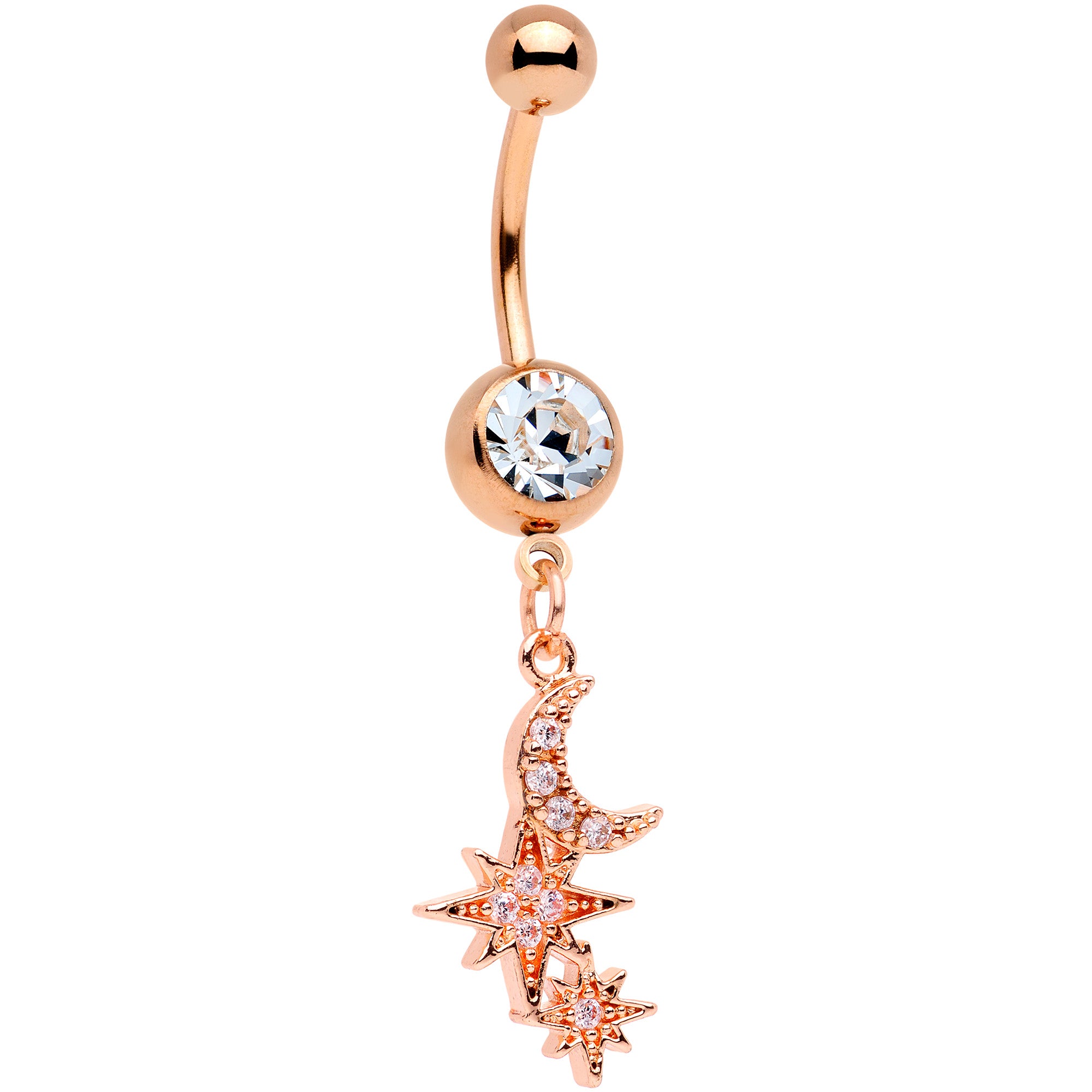 Clear CZ Gem Rose Gold Tone Moon Stars Dangle Belly Ring