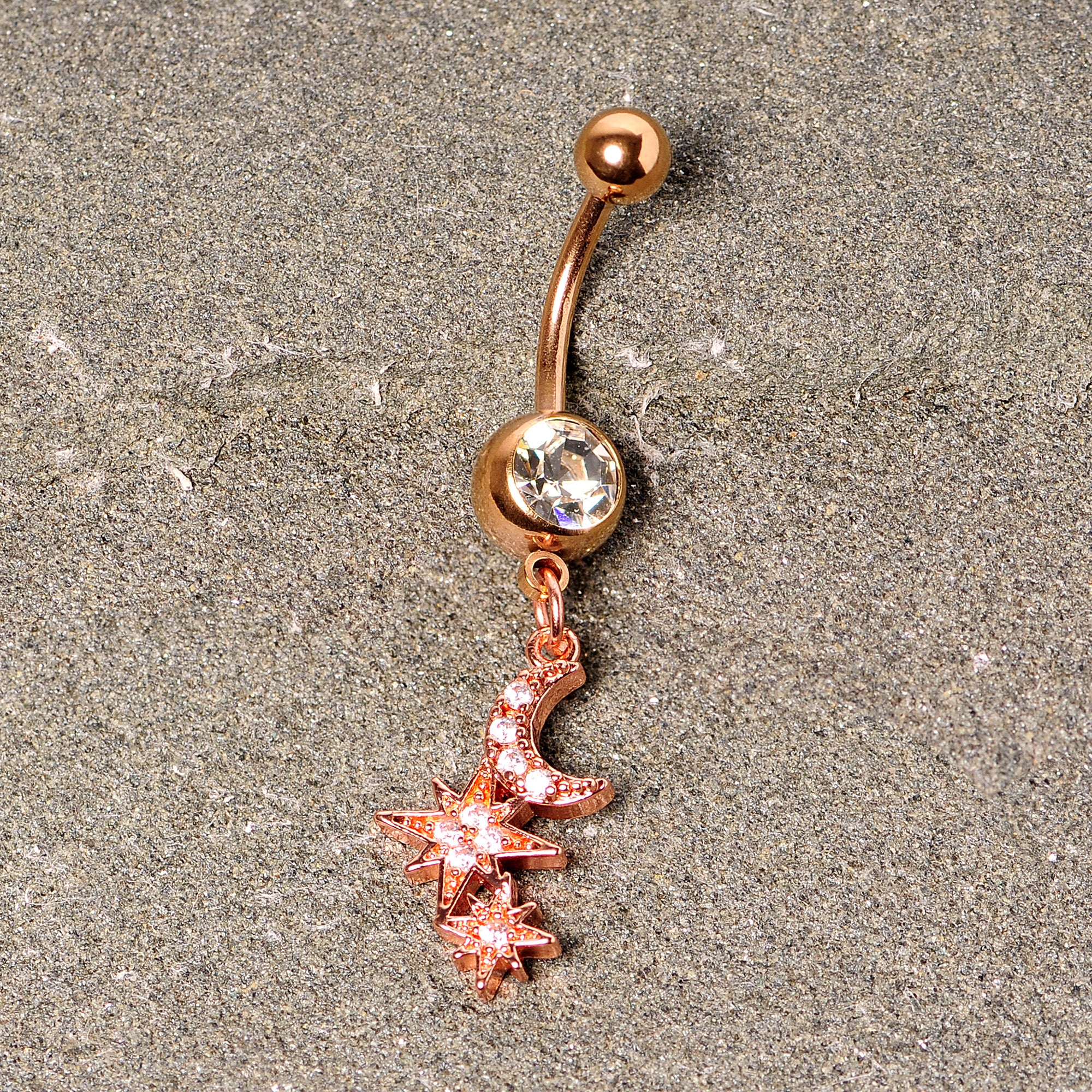 Clear CZ Gem Rose Gold Tone Moon Stars Dangle Belly Ring