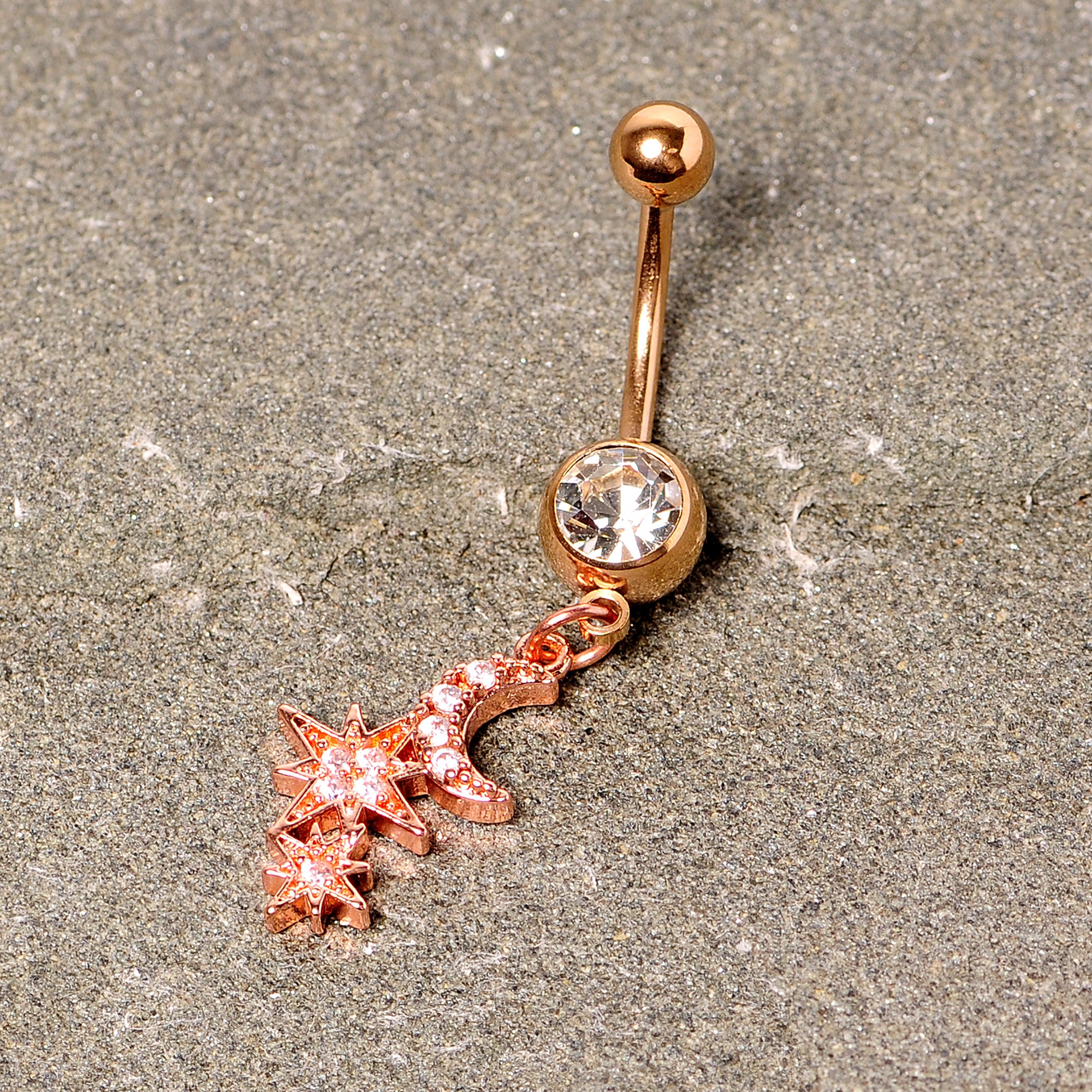 Clear CZ Gem Rose Gold Tone Moon Stars Dangle Belly Ring