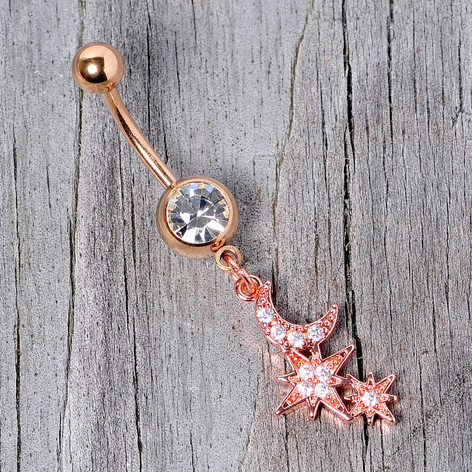 Clear CZ Gem Rose Gold Tone Moon Stars Dangle Belly Ring