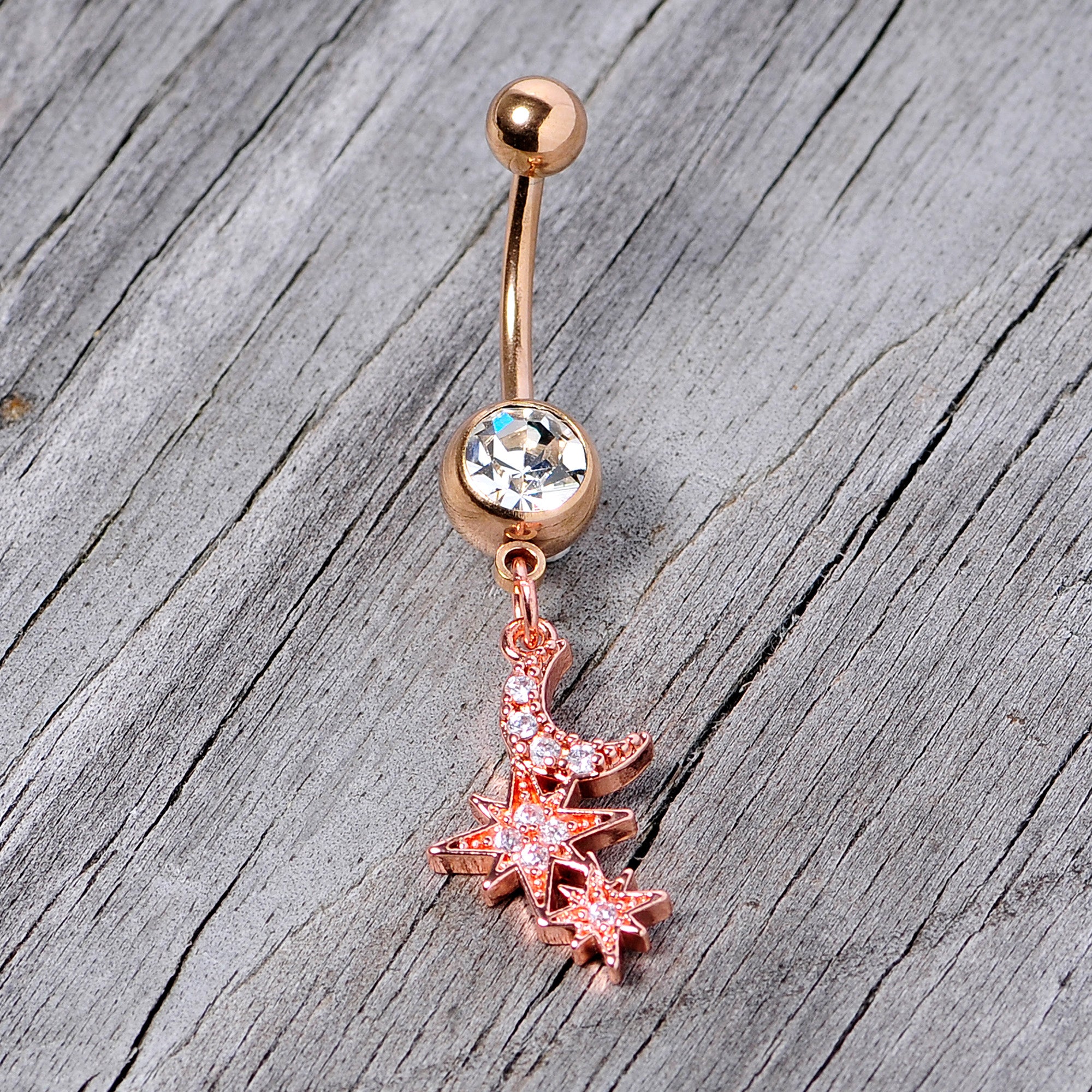 Clear CZ Gem Rose Gold Tone Moon Stars Dangle Belly Ring