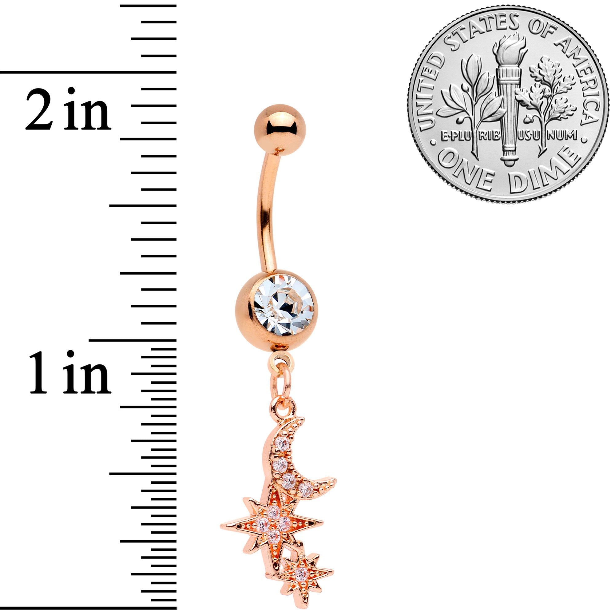 Clear CZ Gem Rose Gold Tone Moon Stars Dangle Belly Ring