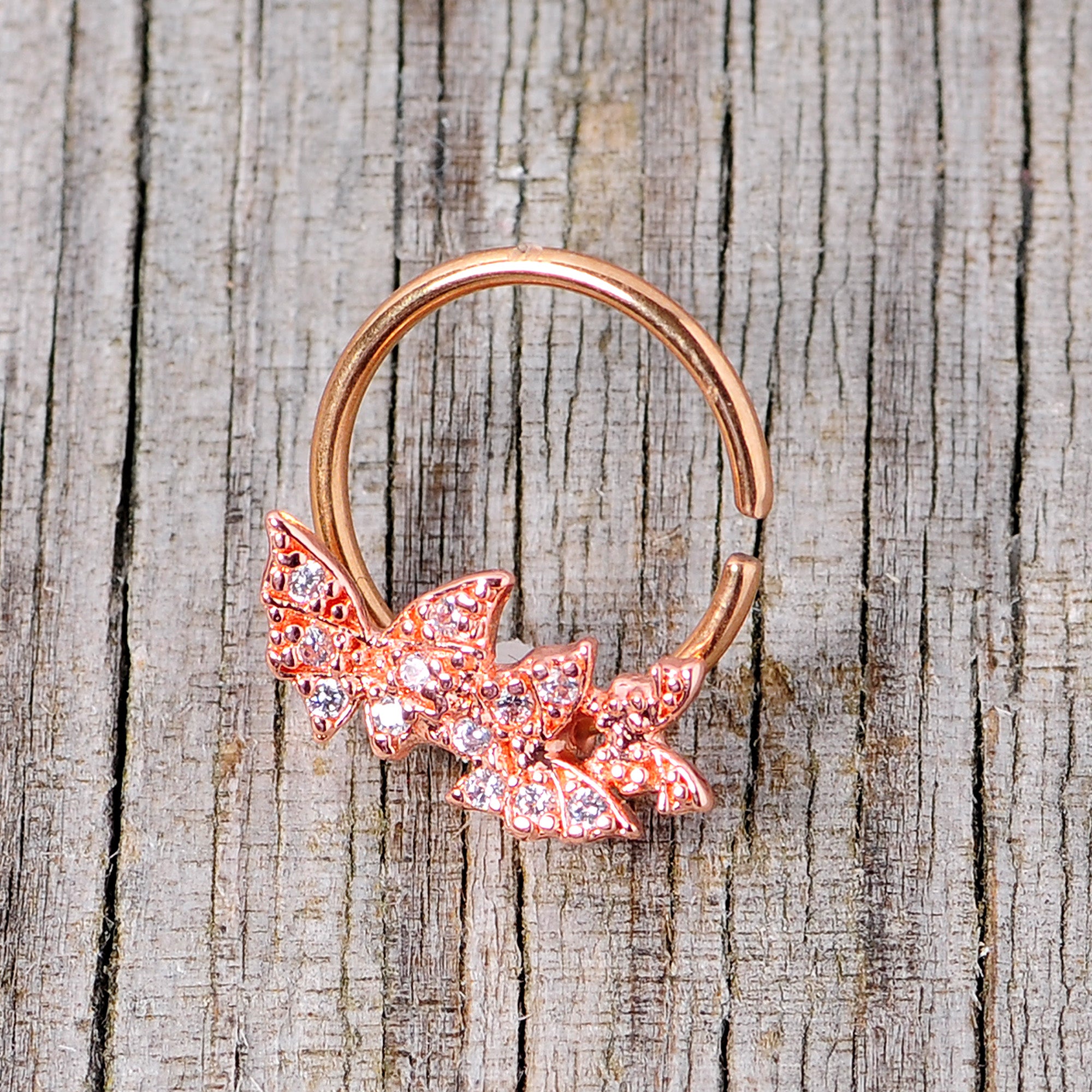 16 Gauge 3/8 Clear CZ Gem Rose Gold Tone Trio Butterfly Seamless Ring