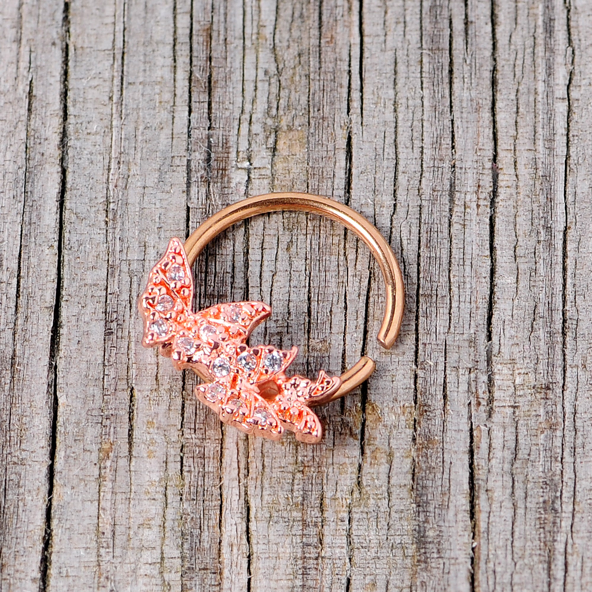 16 Gauge 3/8 Clear CZ Gem Rose Gold Tone Trio Butterfly Seamless Ring