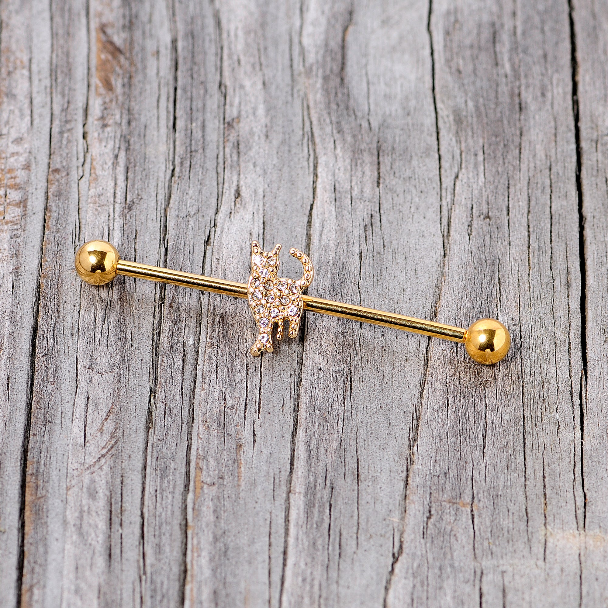 14 Gauge Clear Gem Gold Tone Glamourpuss Cat Industrial Barbell 38mm