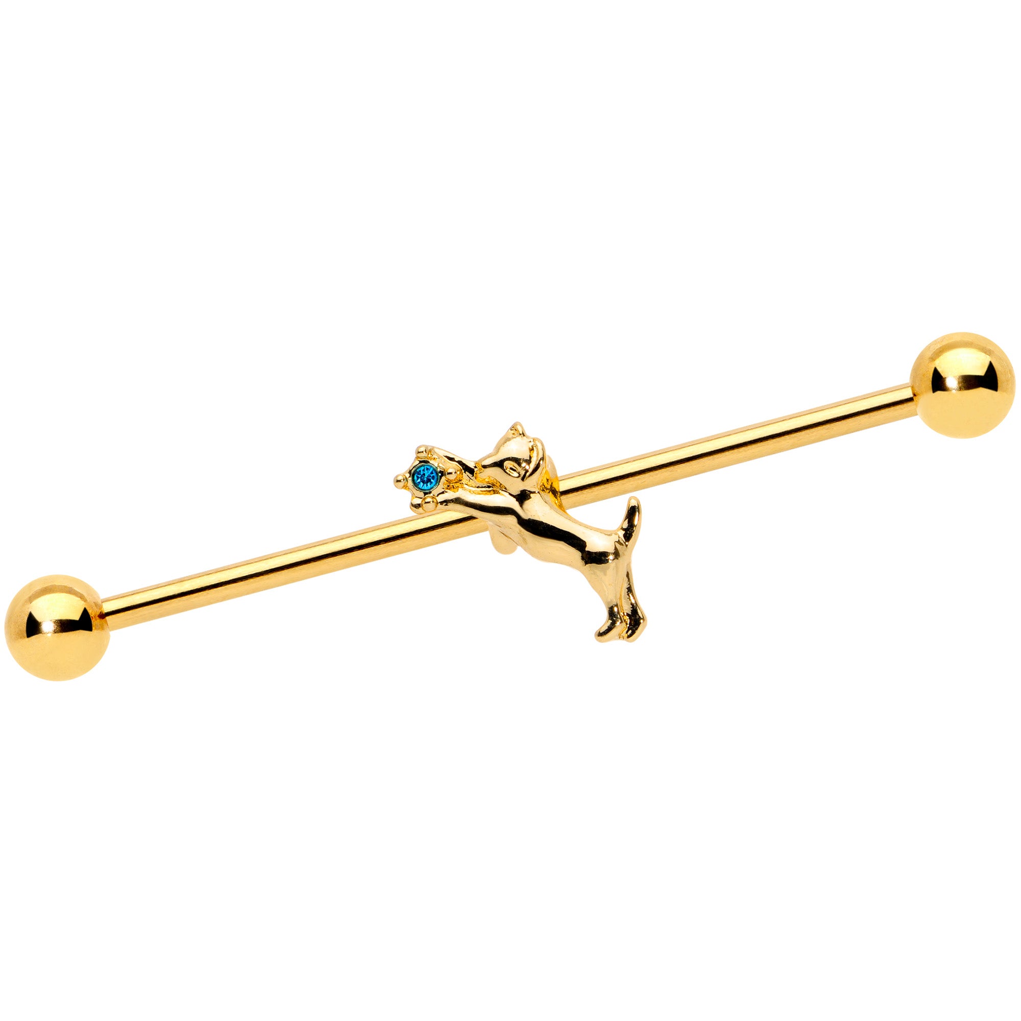 14 Gauge Blue Gem Gold Tone Leaping Cat Industrial Barbell 38mm