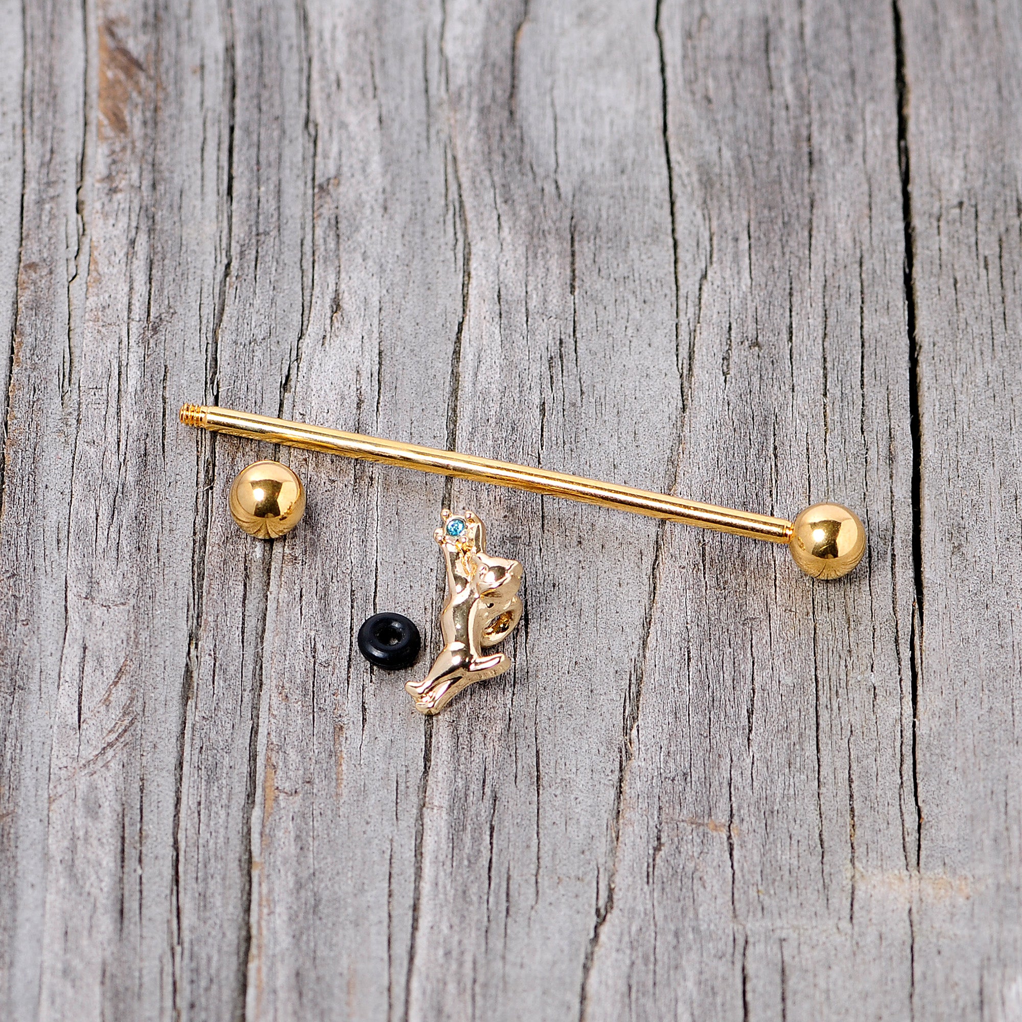 14 Gauge Blue Gem Gold Tone Leaping Cat Industrial Barbell 38mm