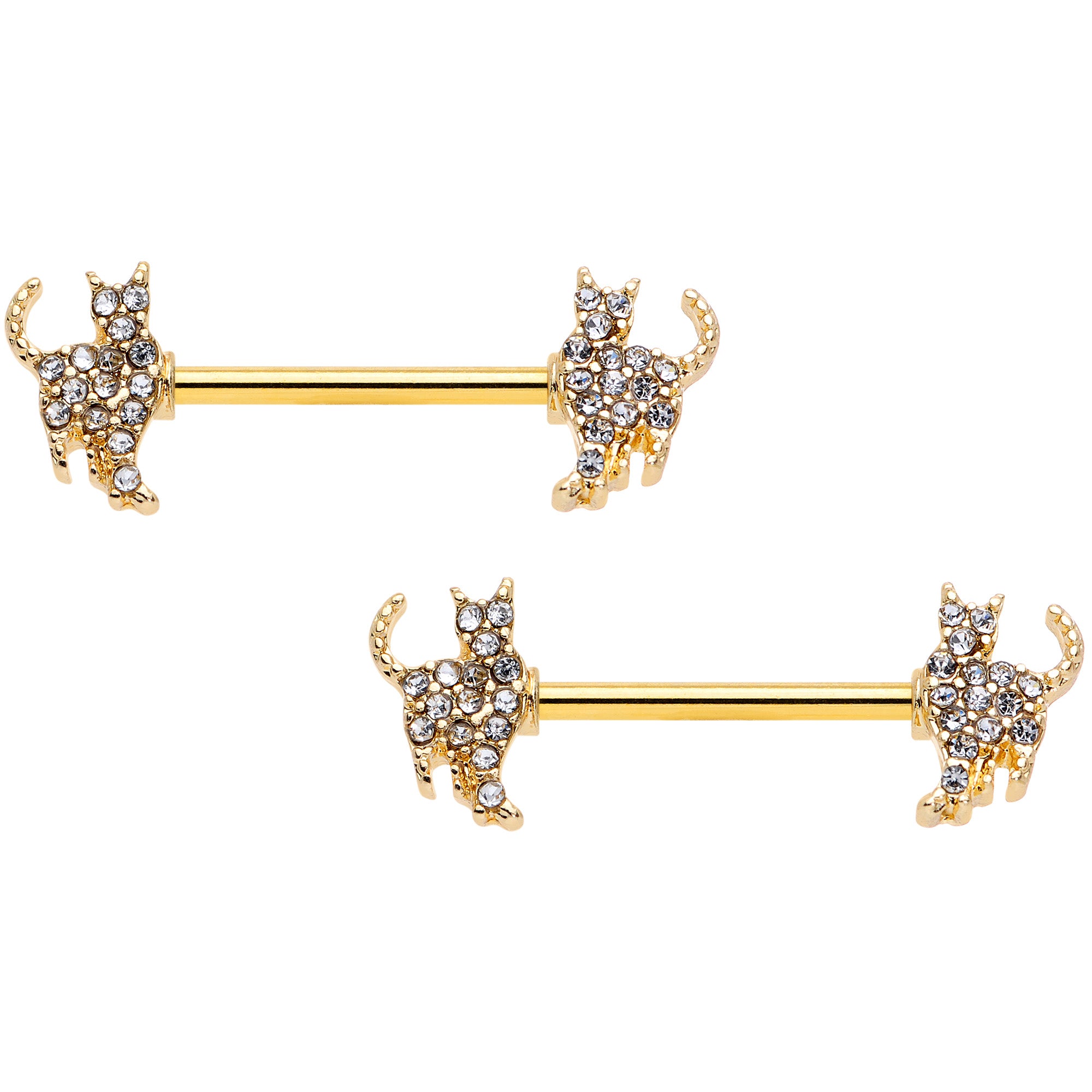 14 Gauge 9/16 Clear Gem Gold Tone Glamour Cat Barbell Nipple Ring Set