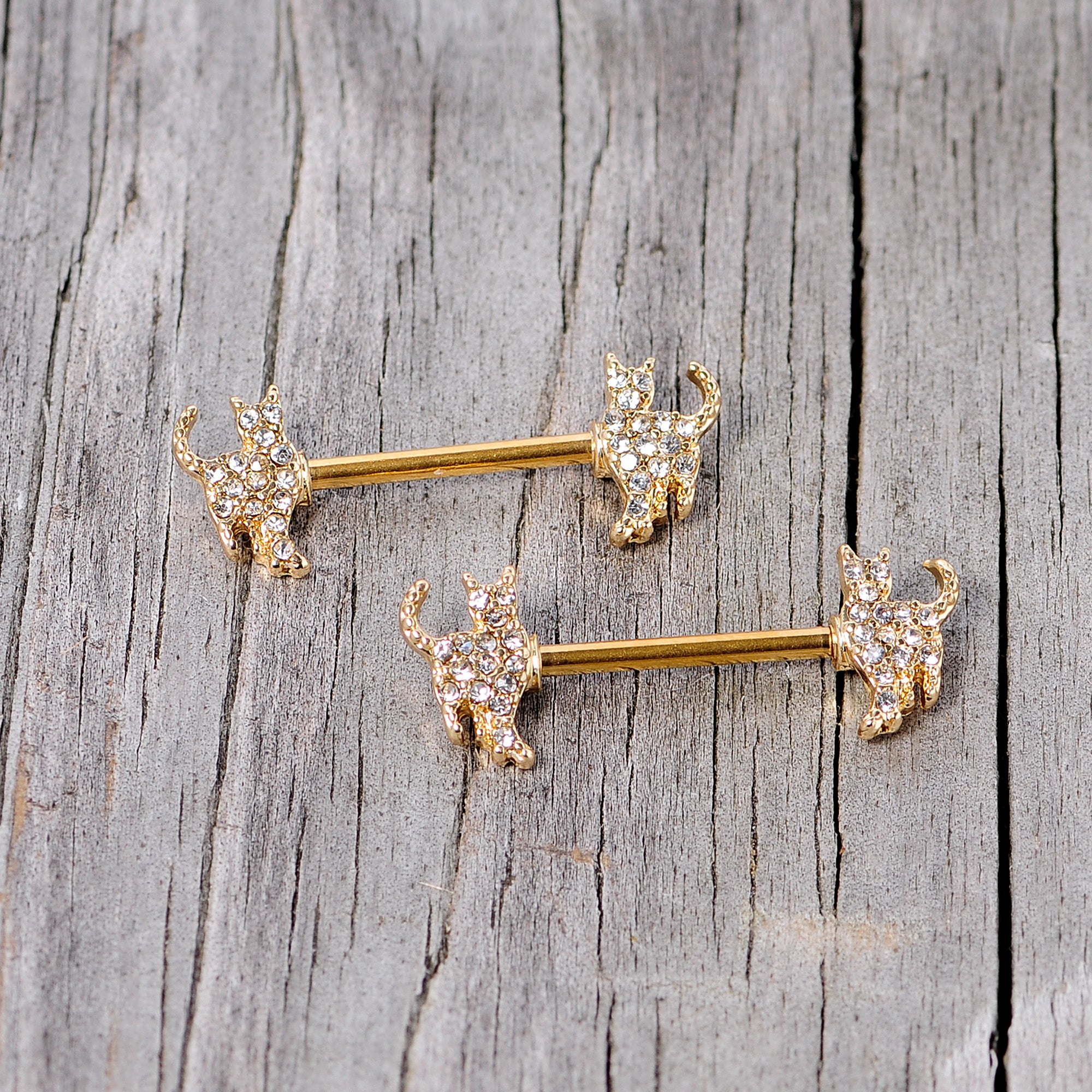 14 Gauge 9/16 Clear Gem Gold Tone Glamour Cat Barbell Nipple Ring Set