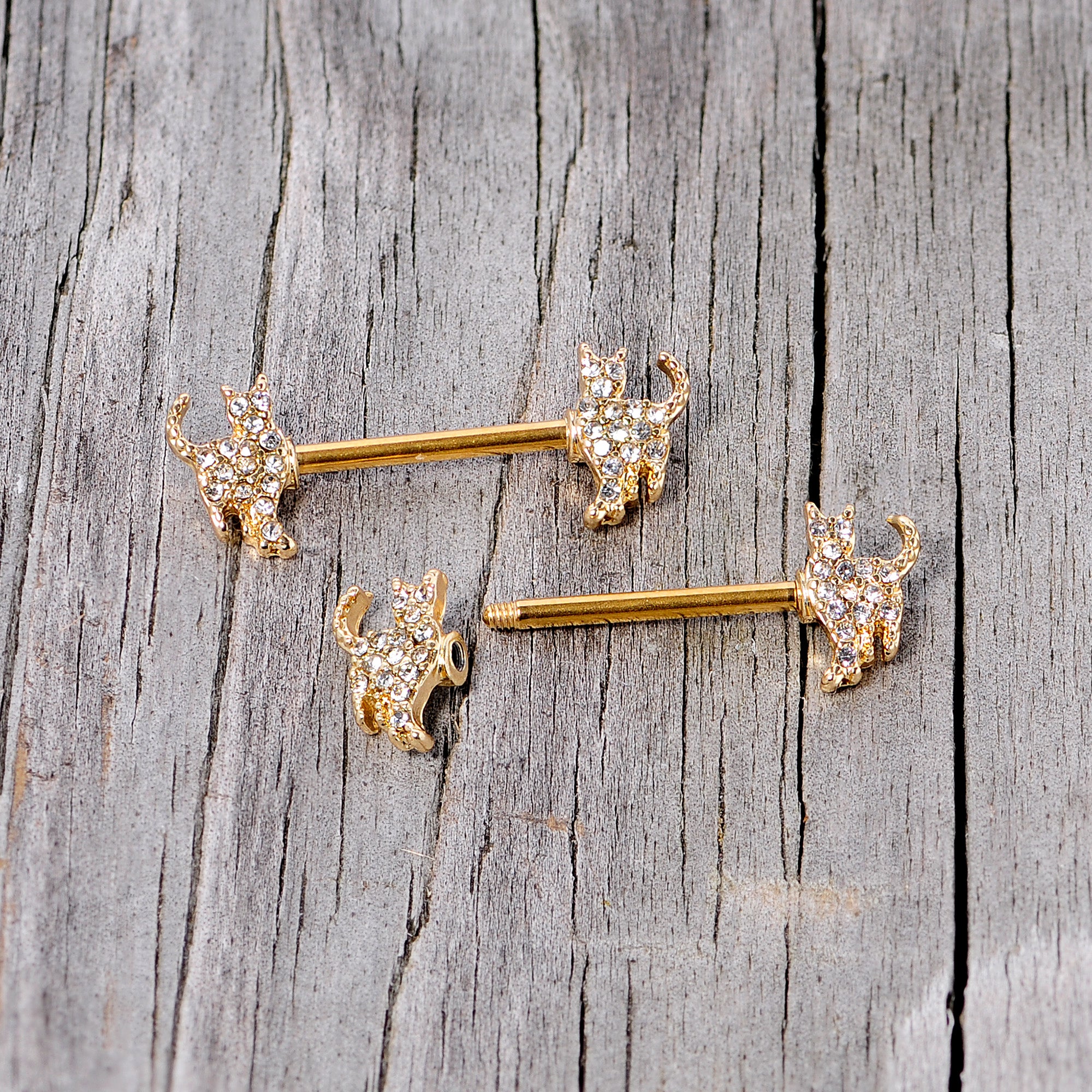 14 Gauge 9/16 Clear Gem Gold Tone Glamour Cat Barbell Nipple Ring Set