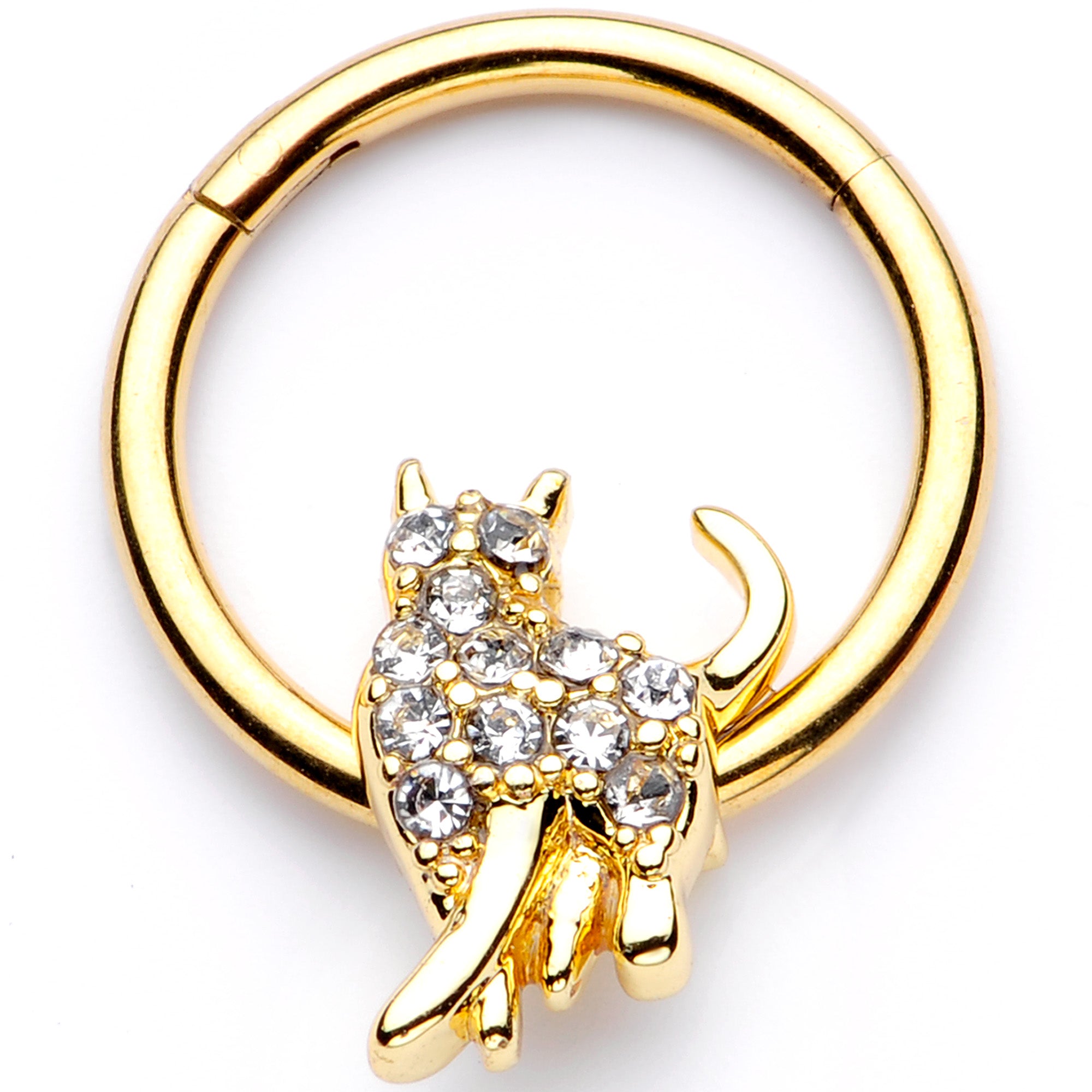 16 Gauge 3/8 Clear Gem Gold Tone Glamourpuss Cat Hinged Segment Ring