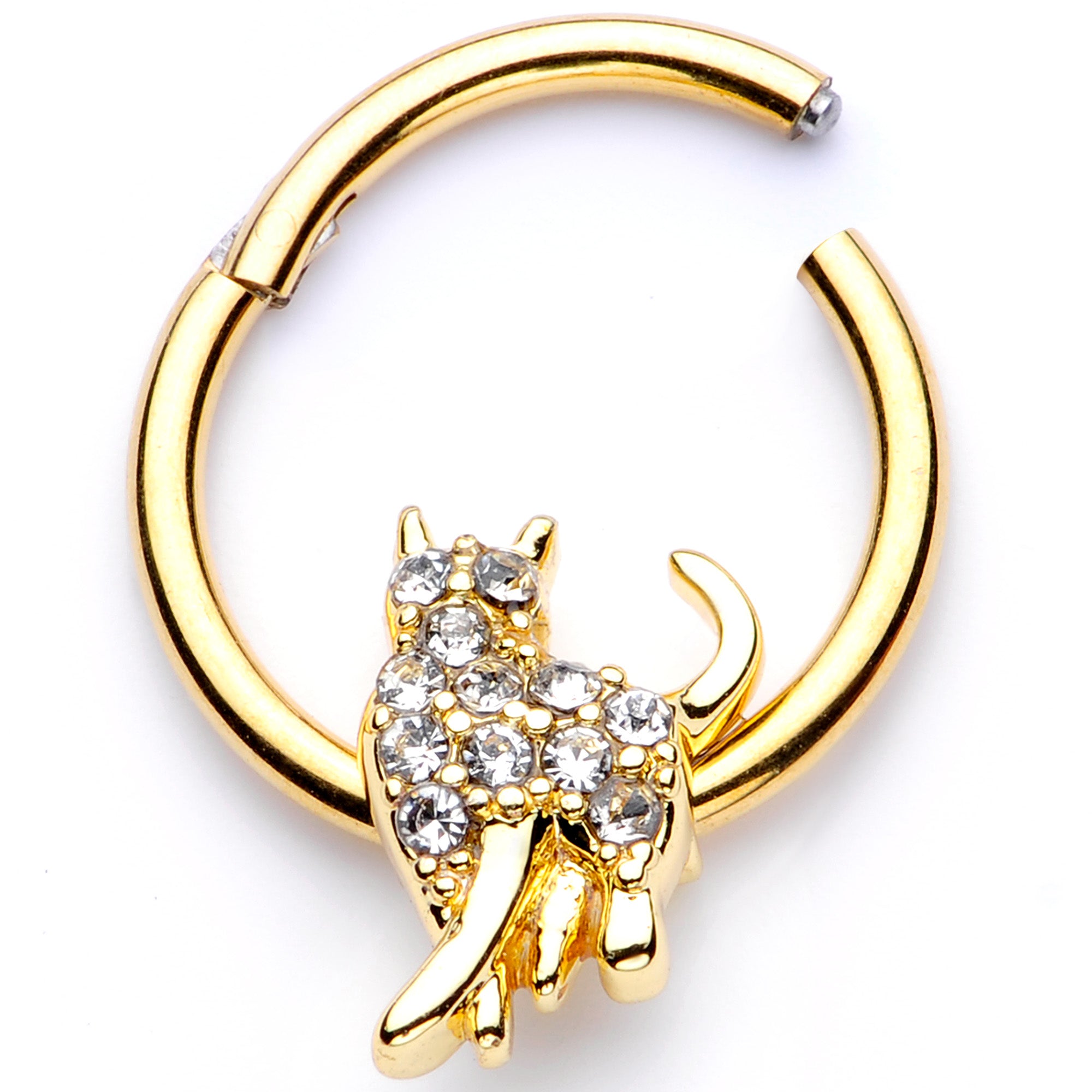 16 Gauge 3/8 Clear Gem Gold Tone Glamourpuss Cat Hinged Segment Ring