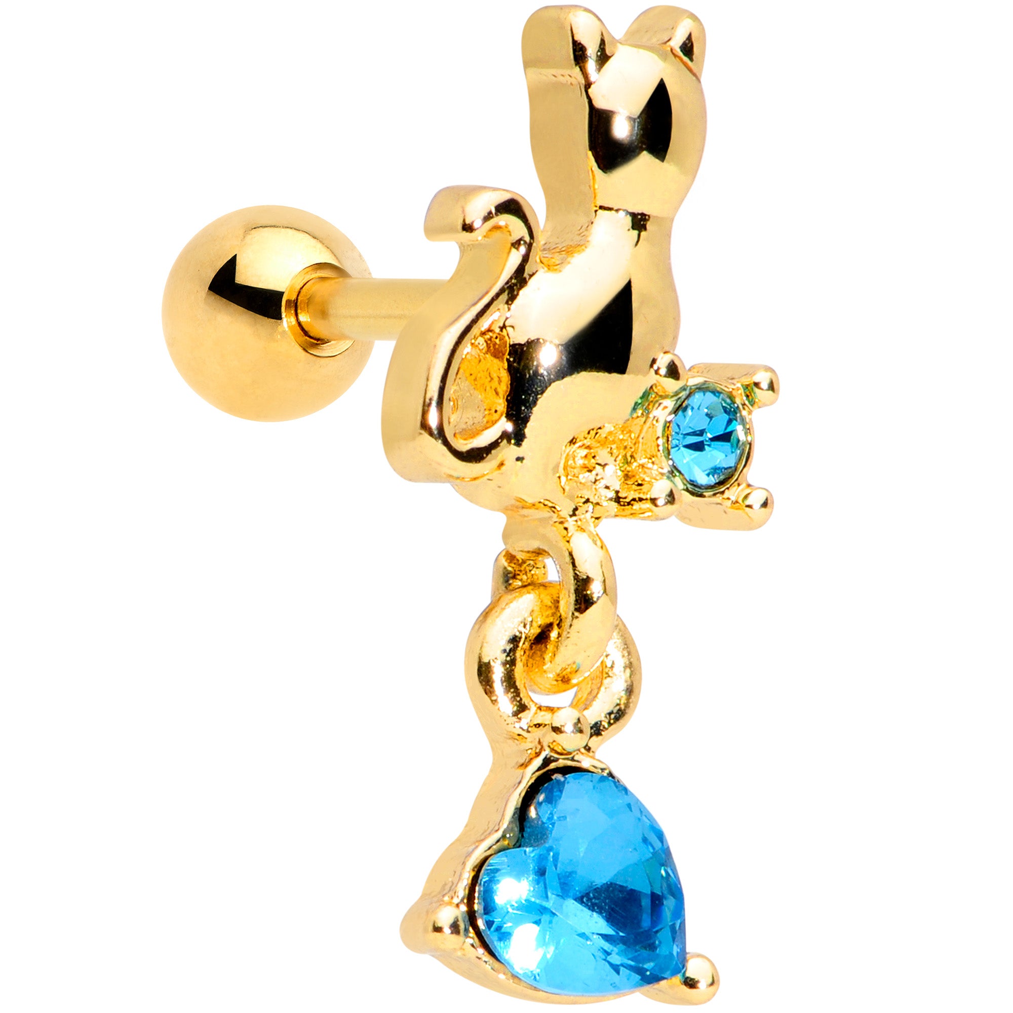 16 Gauge 1/4 Blue Gem Gold Tone Cat Heart Dangle Cartilage Tragus