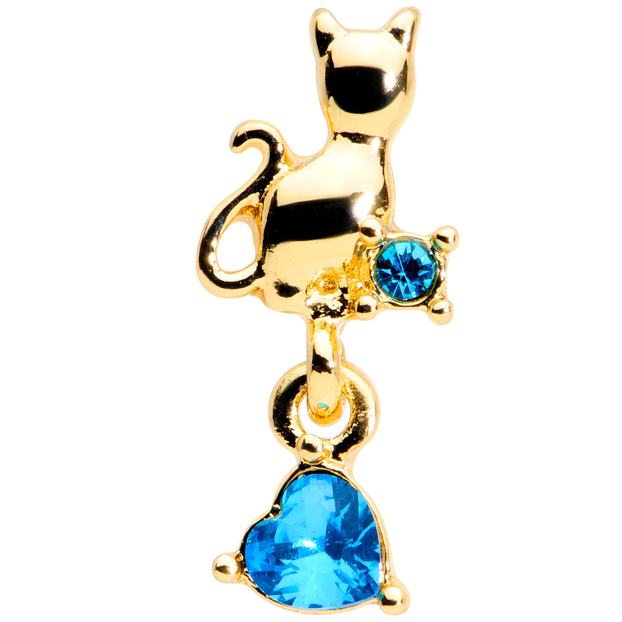 16 Gauge 1/4 Blue Gem Gold Tone Cat Heart Dangle Cartilage Tragus