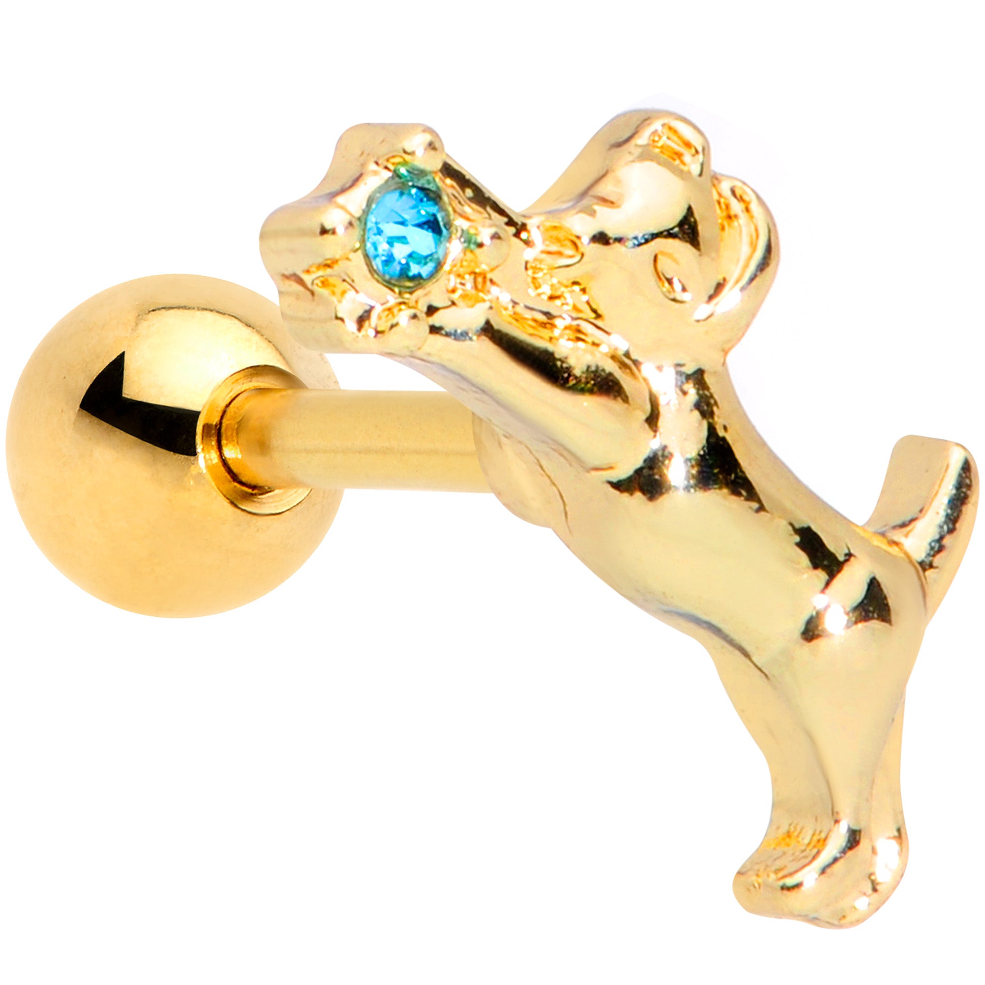 16 Gauge 1/4 Blue Gem Gold Tone Leaping Cat Cartilage Tragus Earring