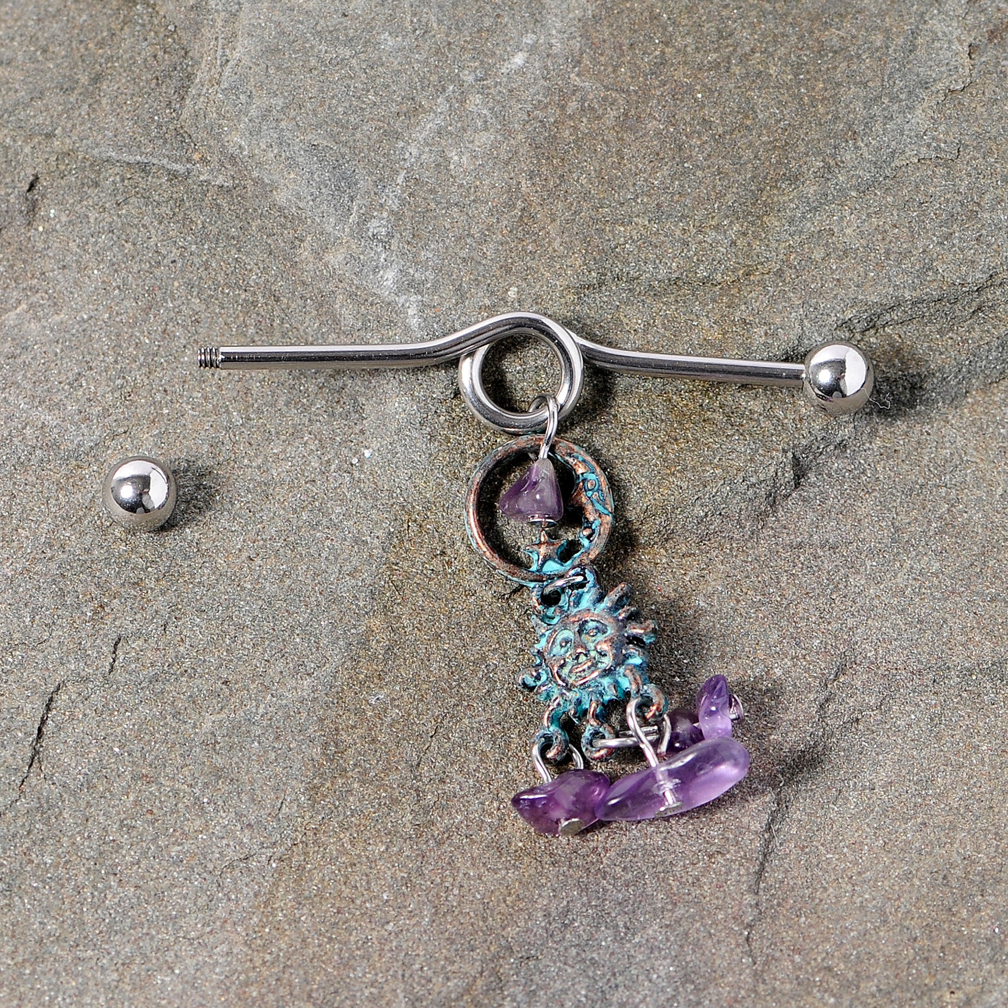 14 Gauge Purple Gem Solstice Sun Moon Dangle Halloween Industrial Barbell 38mm