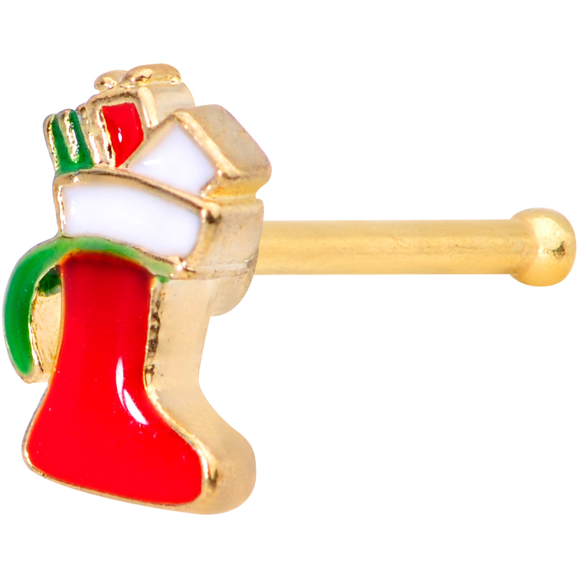 20 Gauge 7mm Gold Tone Red White Christmas Stocking Nose Bone