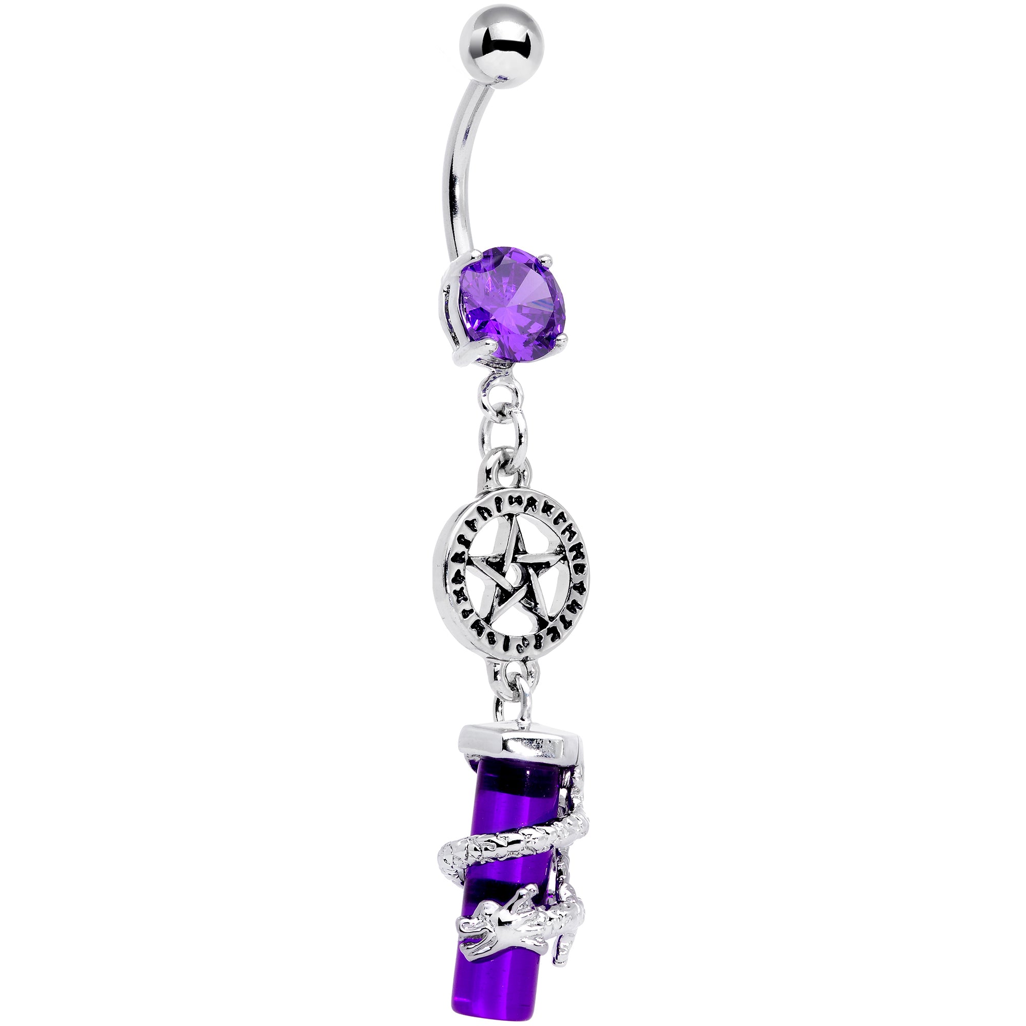 Purple CZ Gem Witch Way Dragon Pentagram Dangle Belly Ring