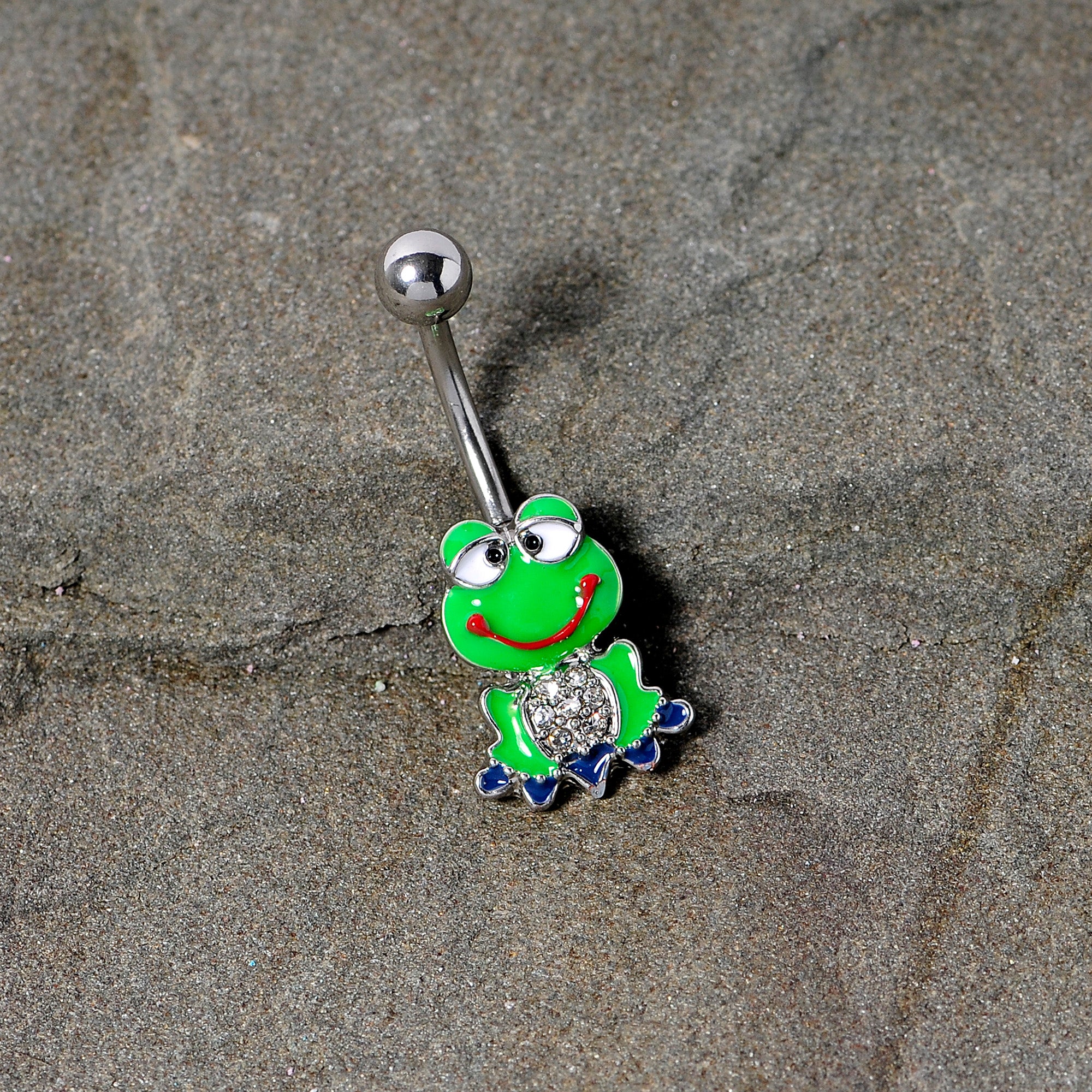 Clear Gem Green Goofy Frog Belly Ring