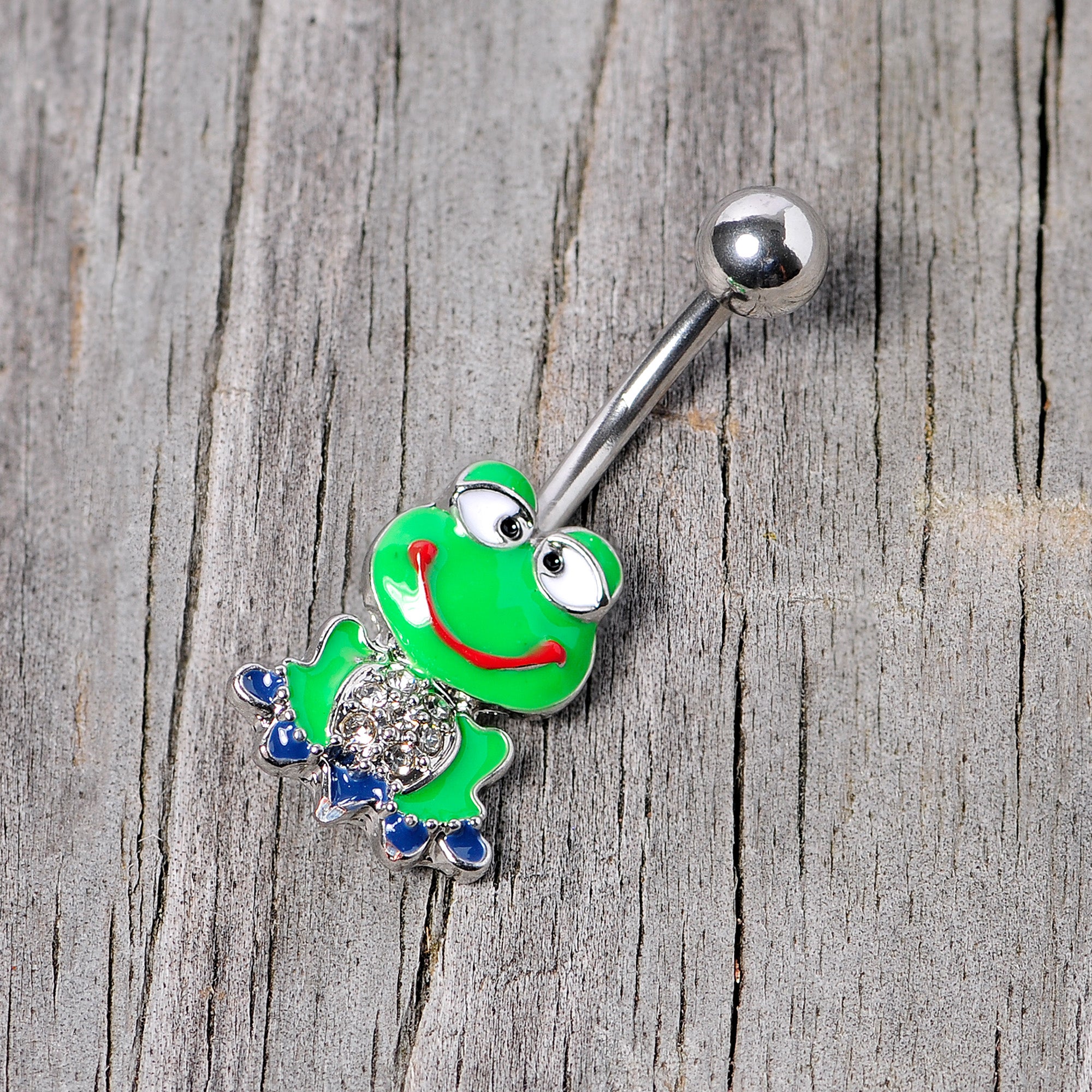 Clear Gem Green Goofy Frog Belly Ring