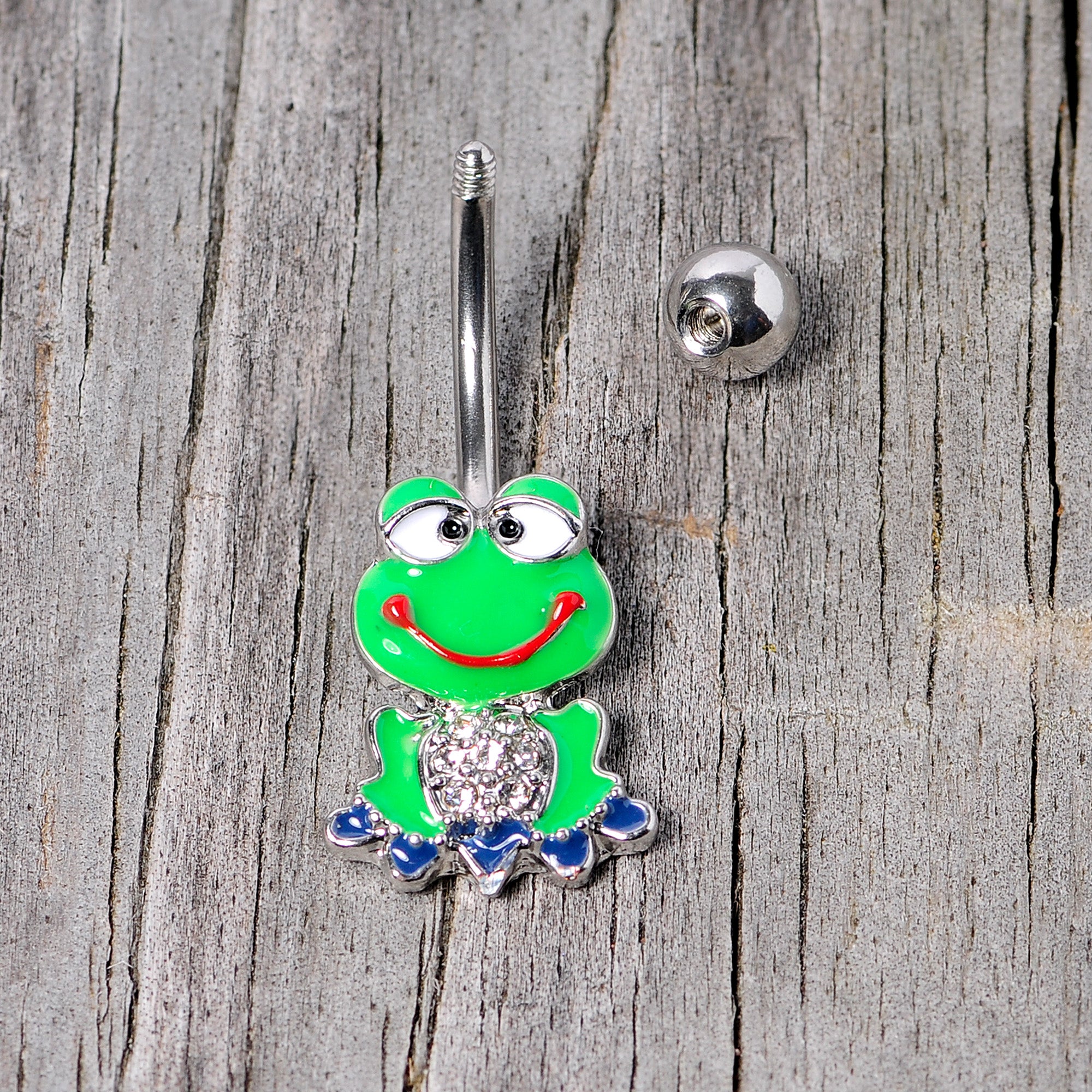 Clear Gem Green Goofy Frog Belly Ring