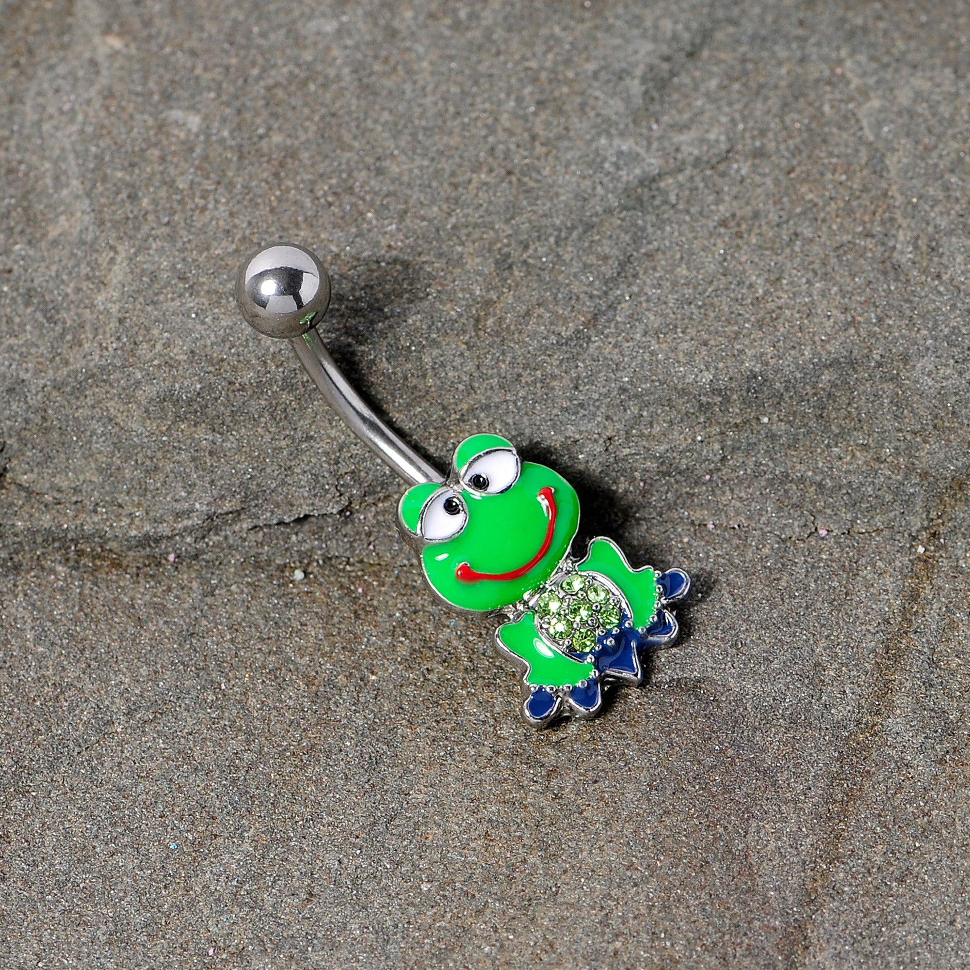 Green Gem Green Goofy Frog Belly Ring