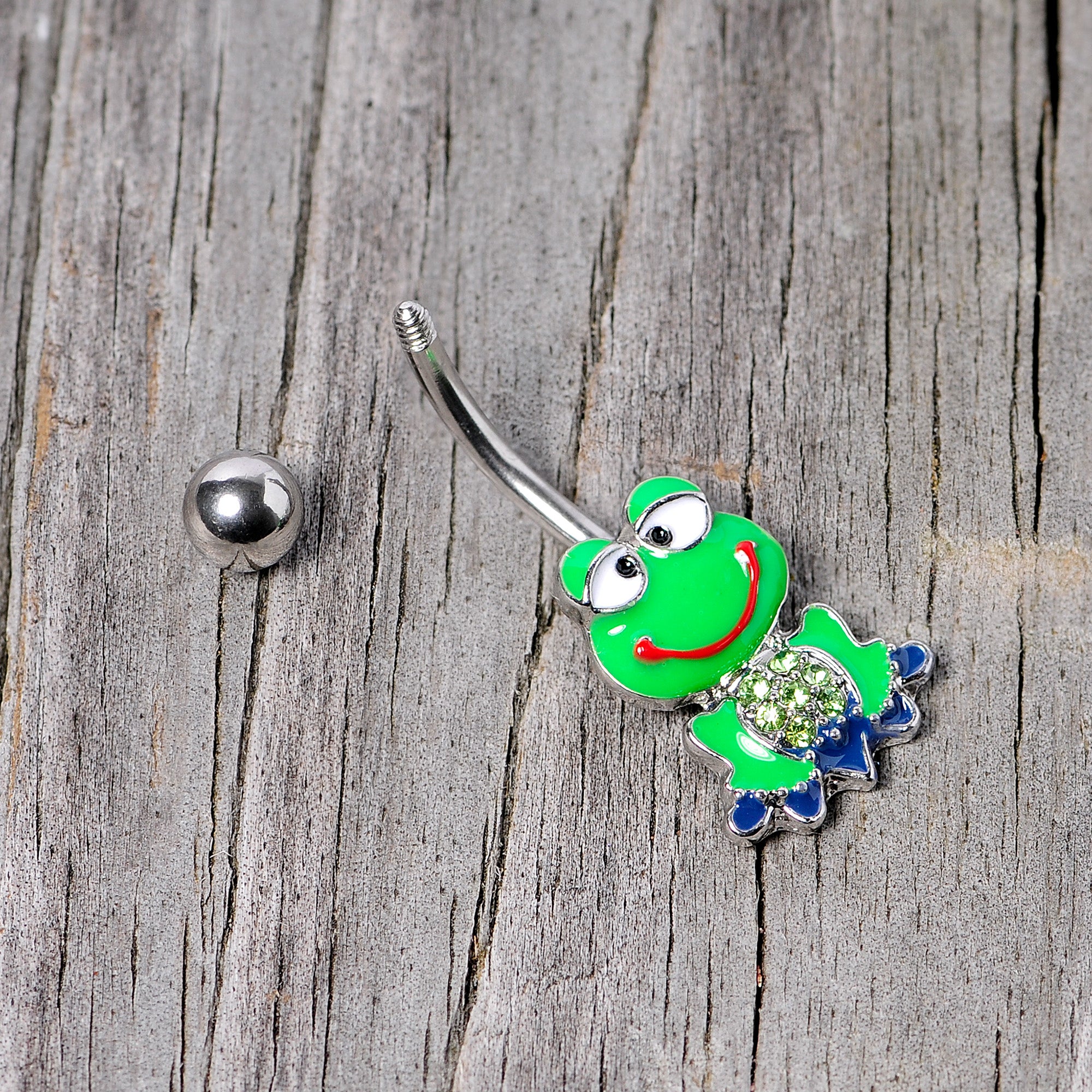 Green Gem Green Goofy Frog Belly Ring