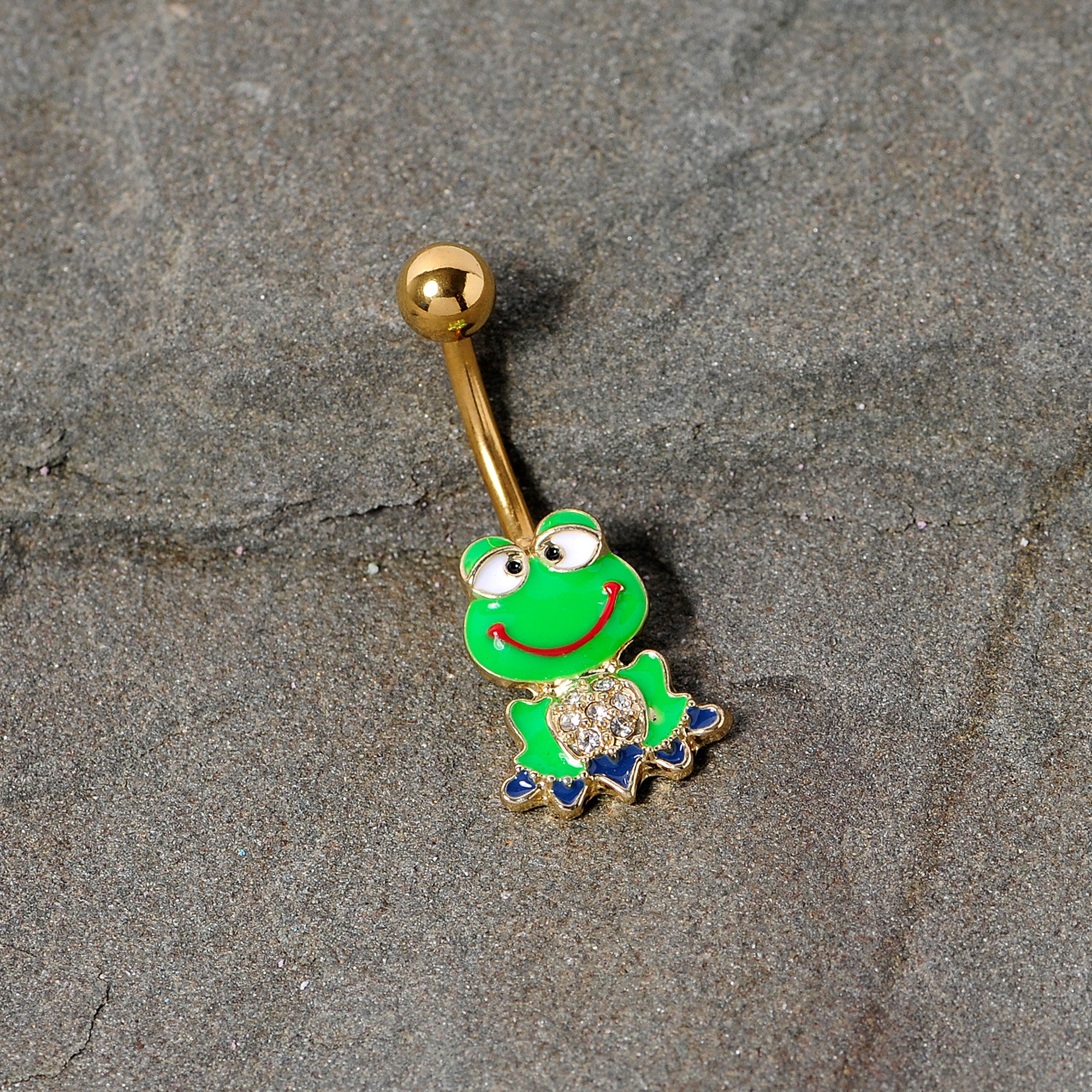 Clear Gem Gold Tone Green Goofy Frog Belly Ring