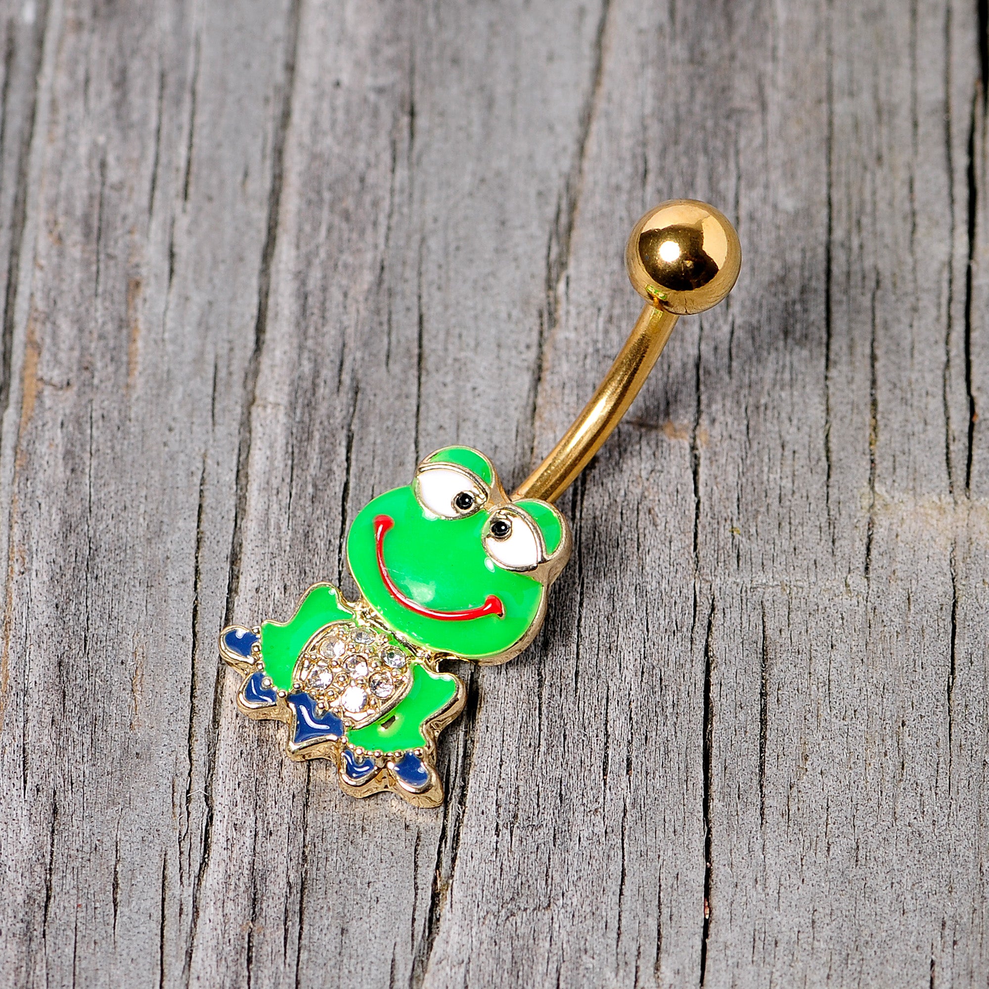 Clear Gem Gold Tone Green Goofy Frog Belly Ring